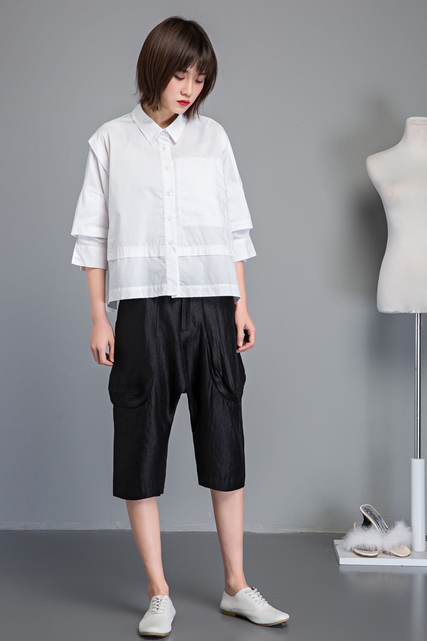 White cotton summer short sleeve shirt C1232