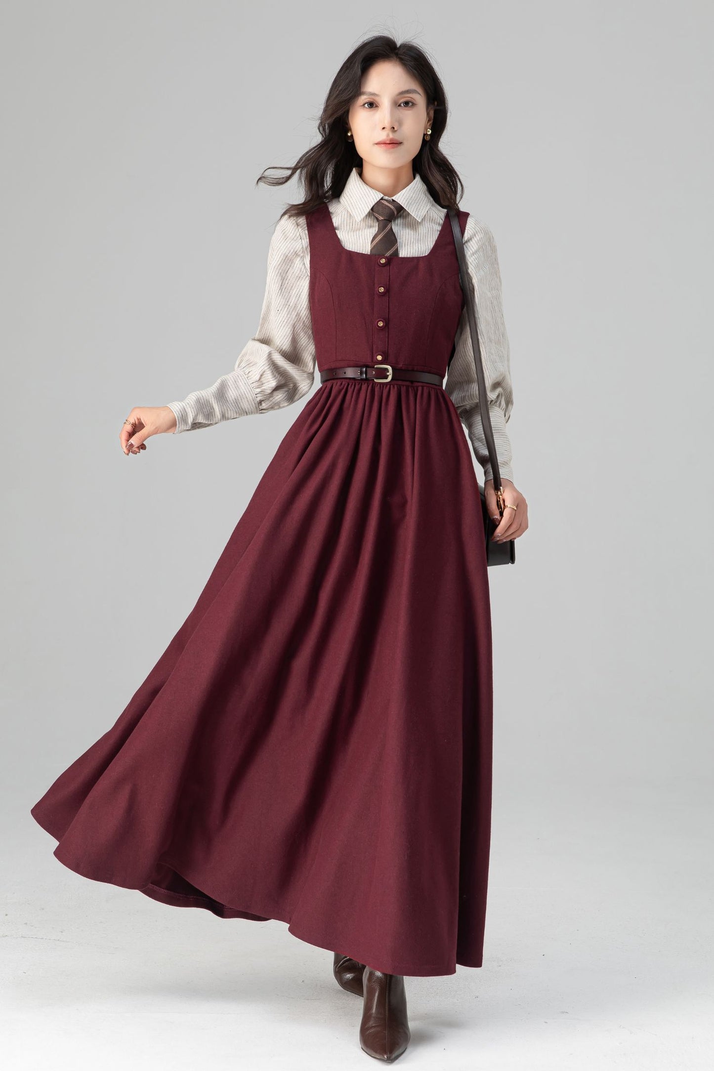 Dark Red Women's Pinafore Wool Dress C5205