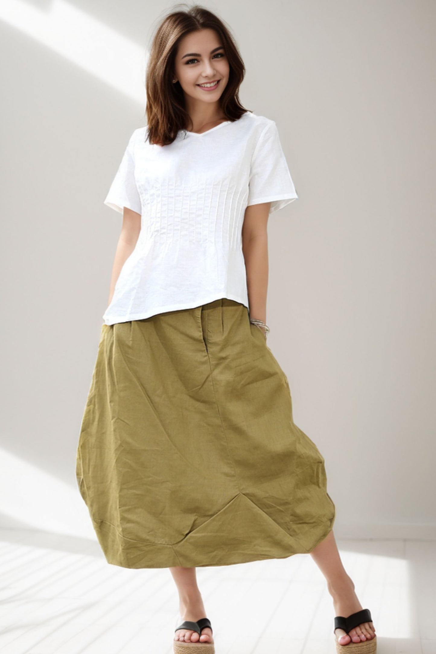 Linen Maxi Skirt - Flower Bud Shape Romantic Feminine Trending Womens Skirt C287