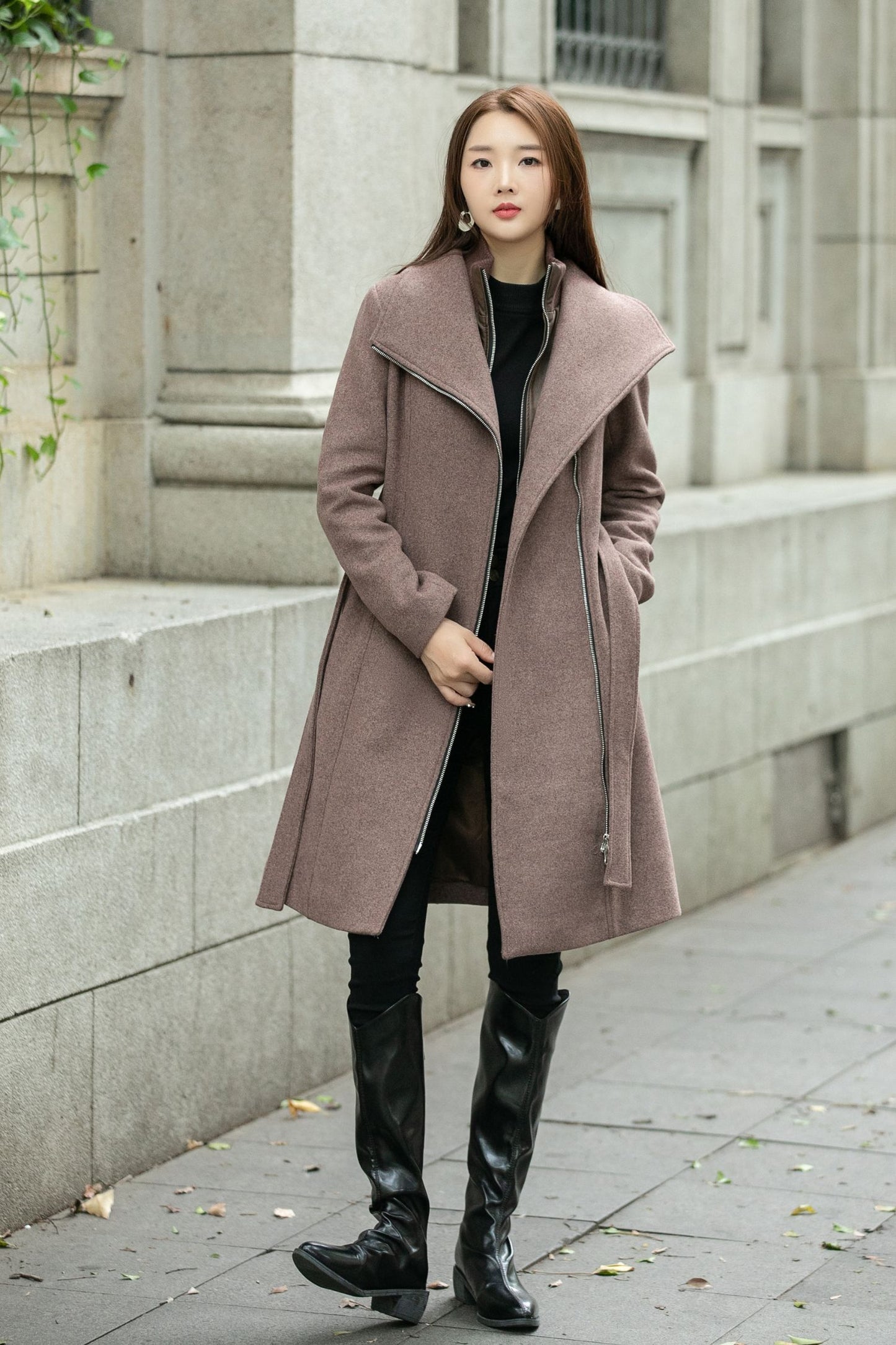 Tie belt asymmetrical winter wool coat C4508