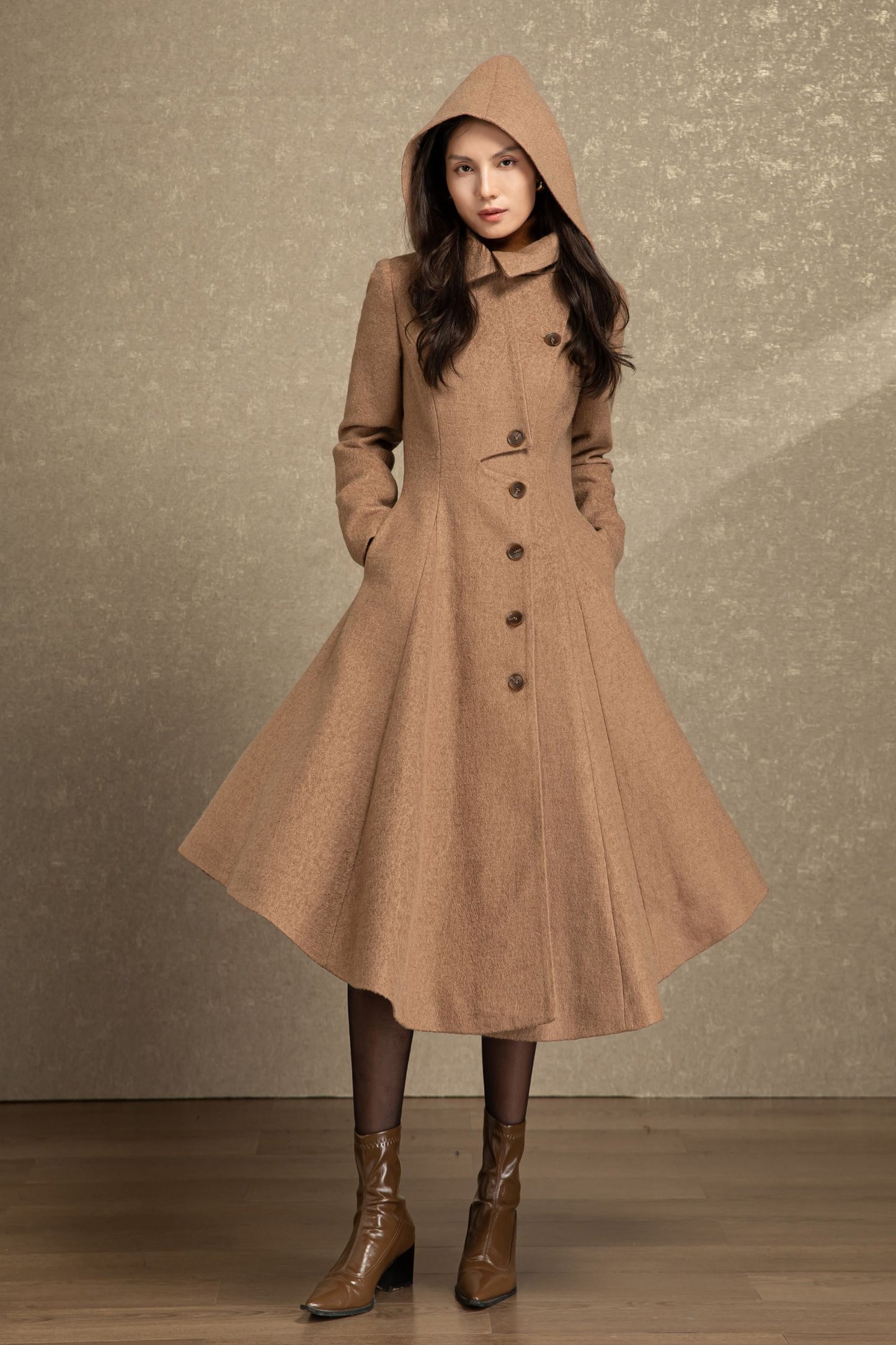 Handmade hooded maxi wool coat C4493