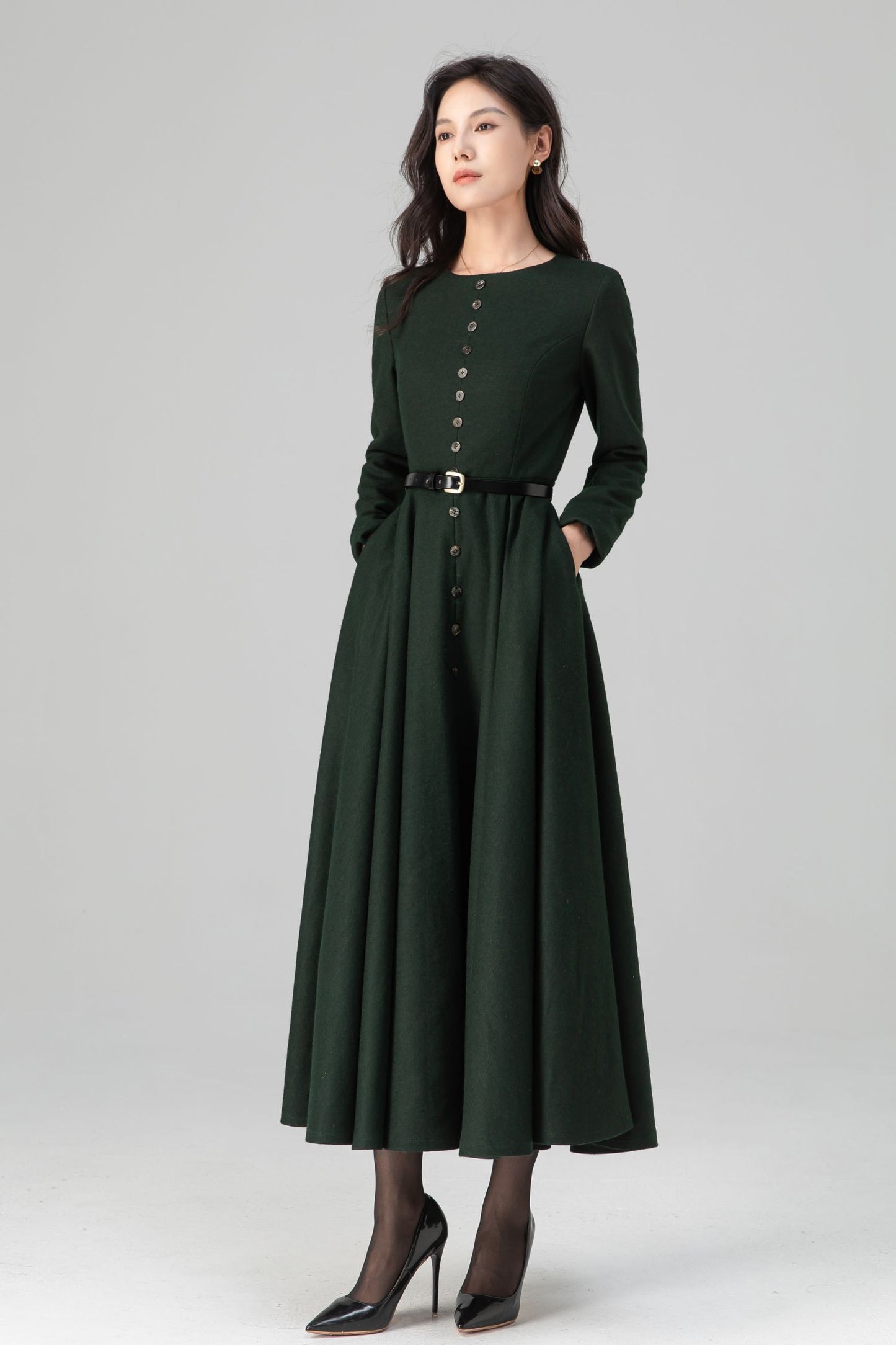 Retro Button Down Dark Green Midi Maxi Wool Dress C5202