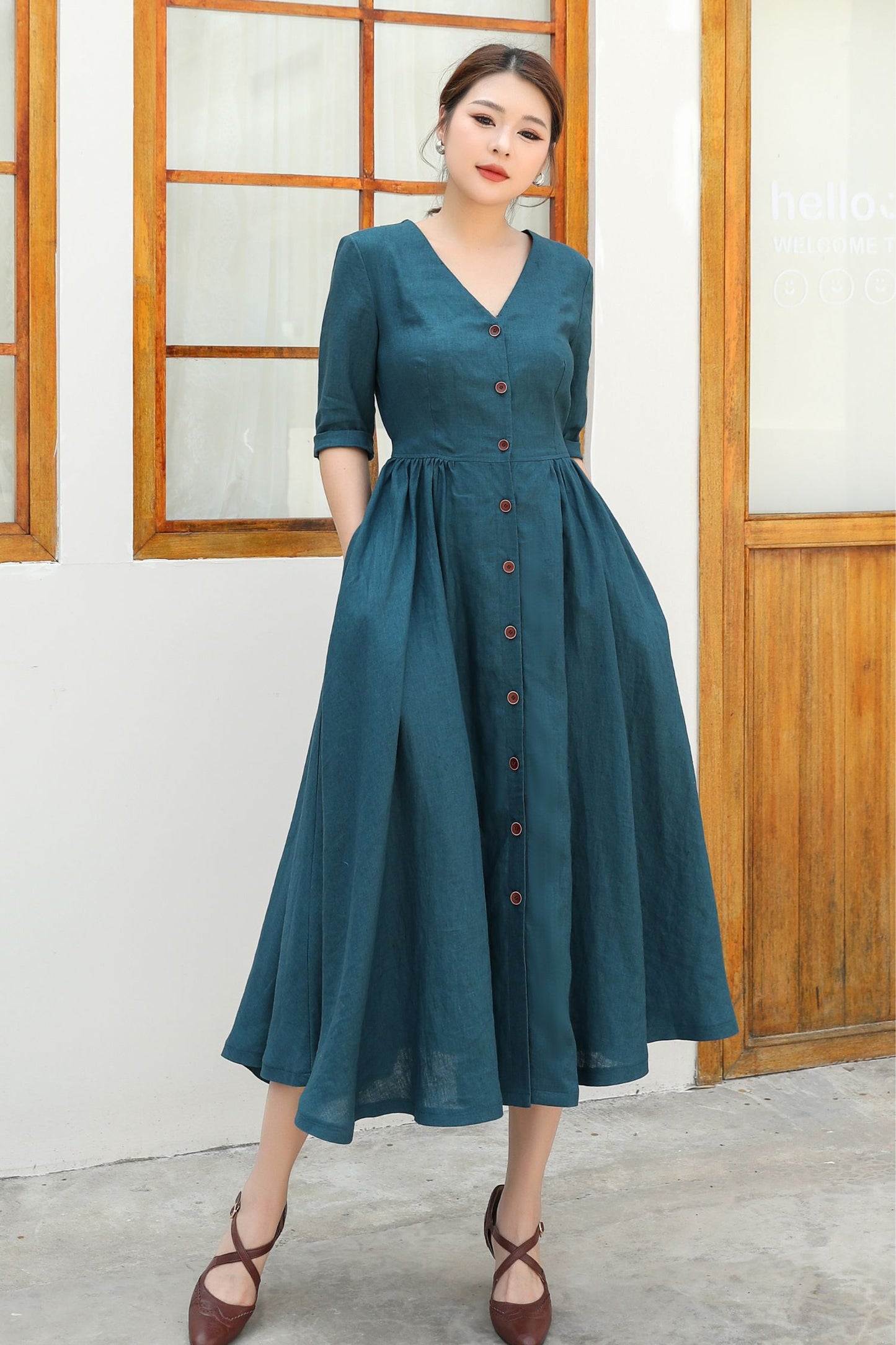 Button Front linen Midi dress c4839