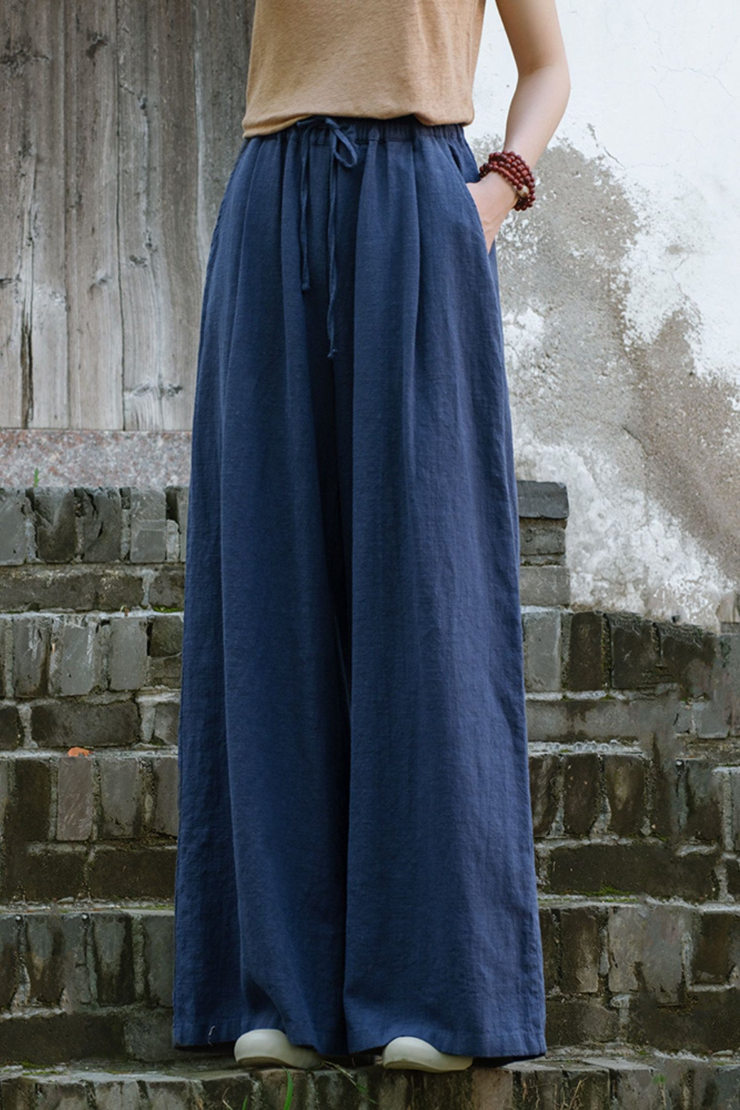 Elastic waist wide leg linen pants L0615