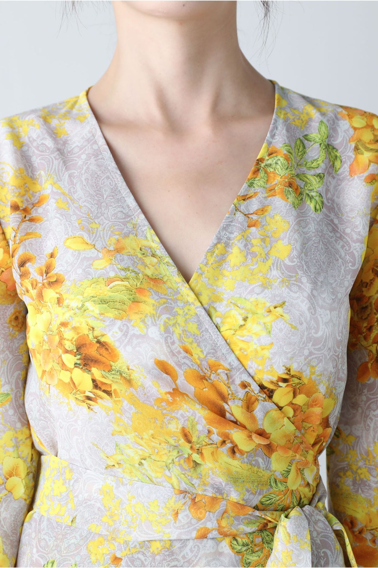 Yellow floral V-neck romantic dress C3453