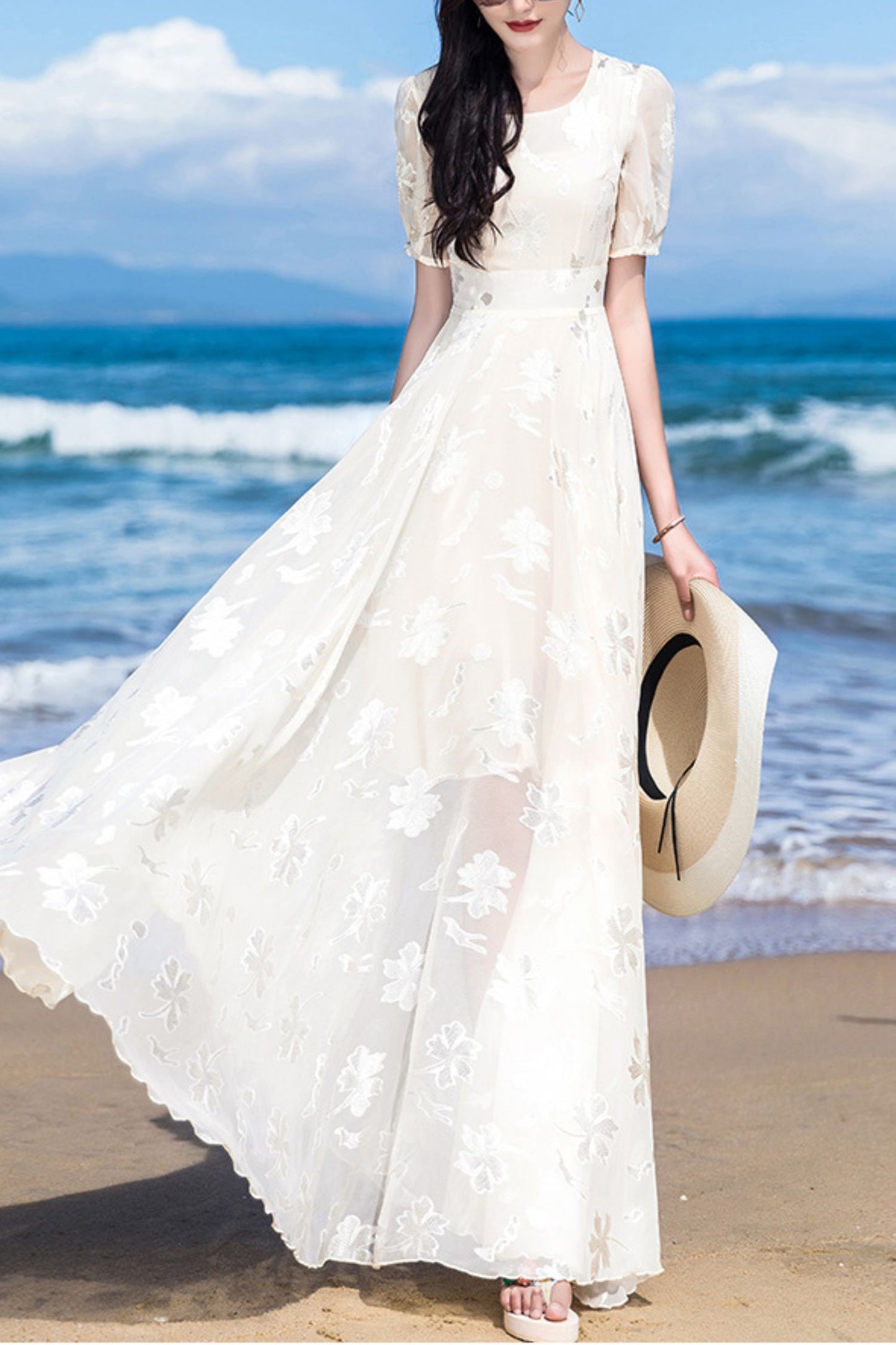 Beige chiffon women summer new long round neck dress C4092