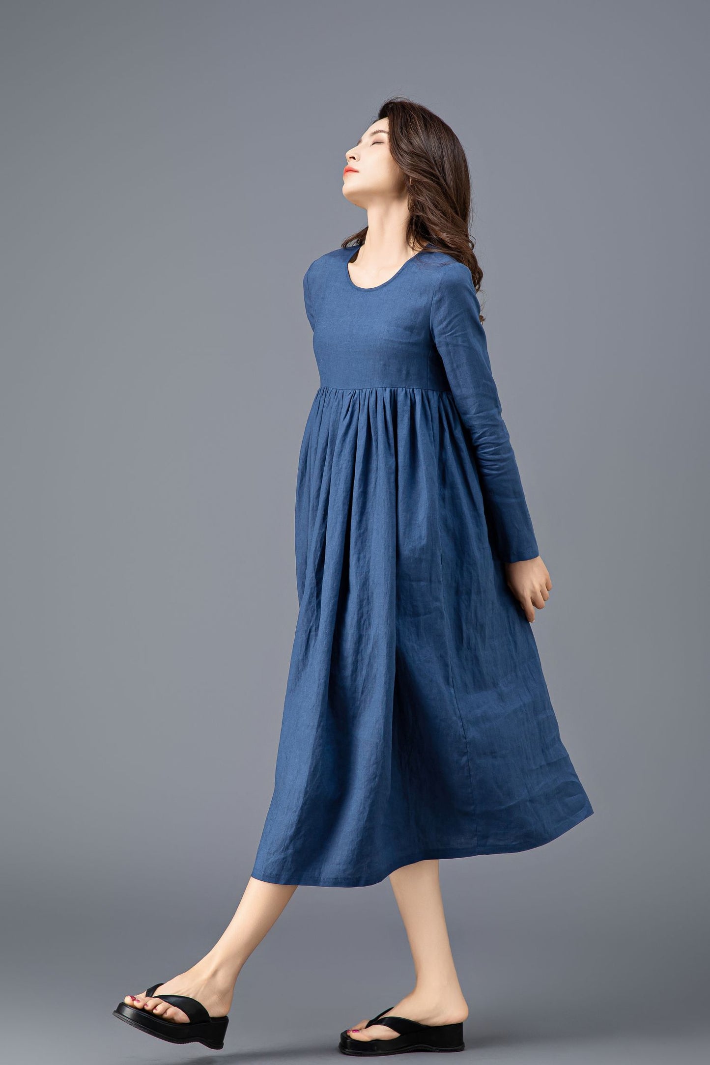 Long Sleeve Blue Linen Dress C3910