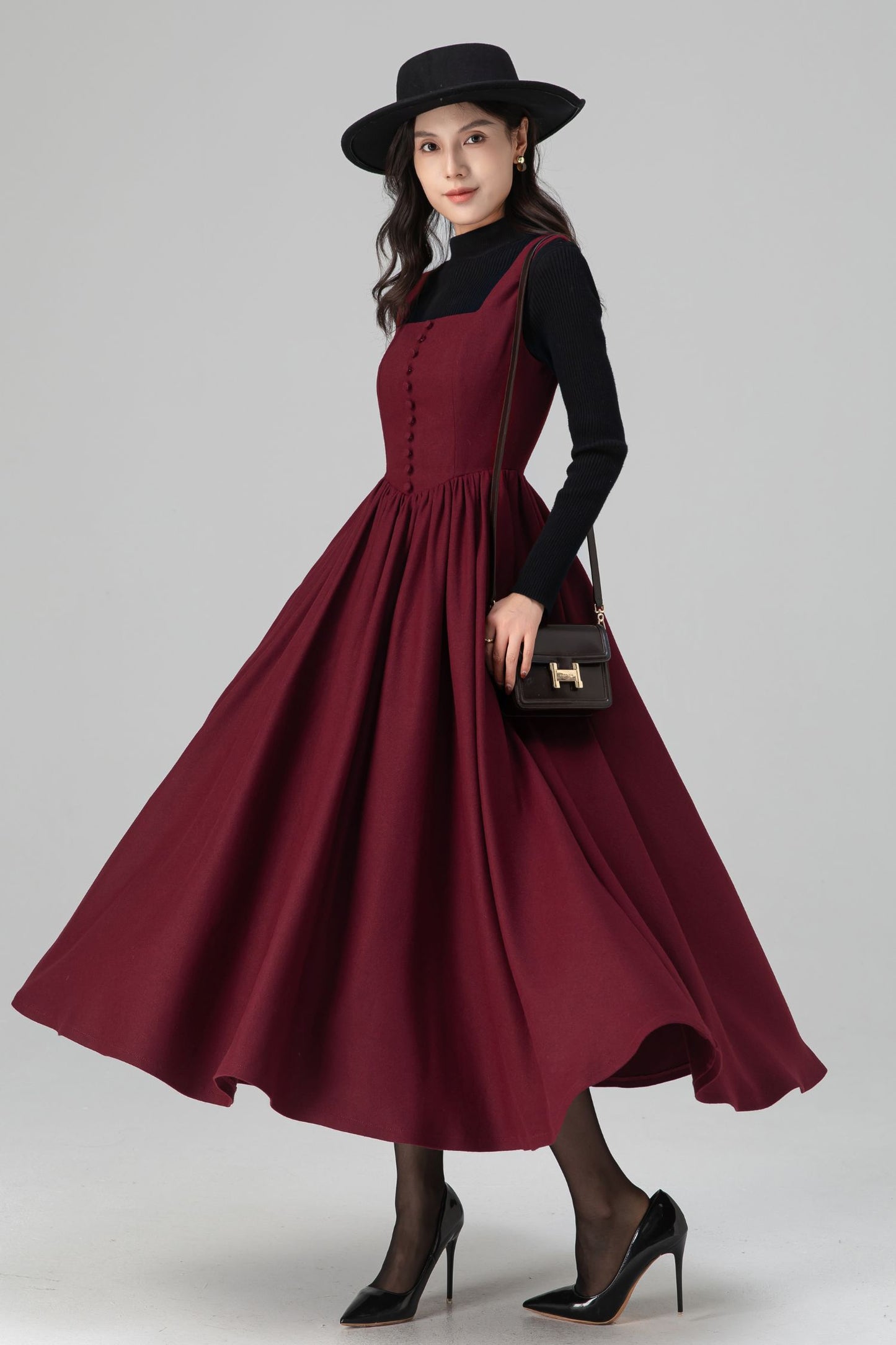 Square Neck Maxi Pinafore Wool Dress for Women C5201