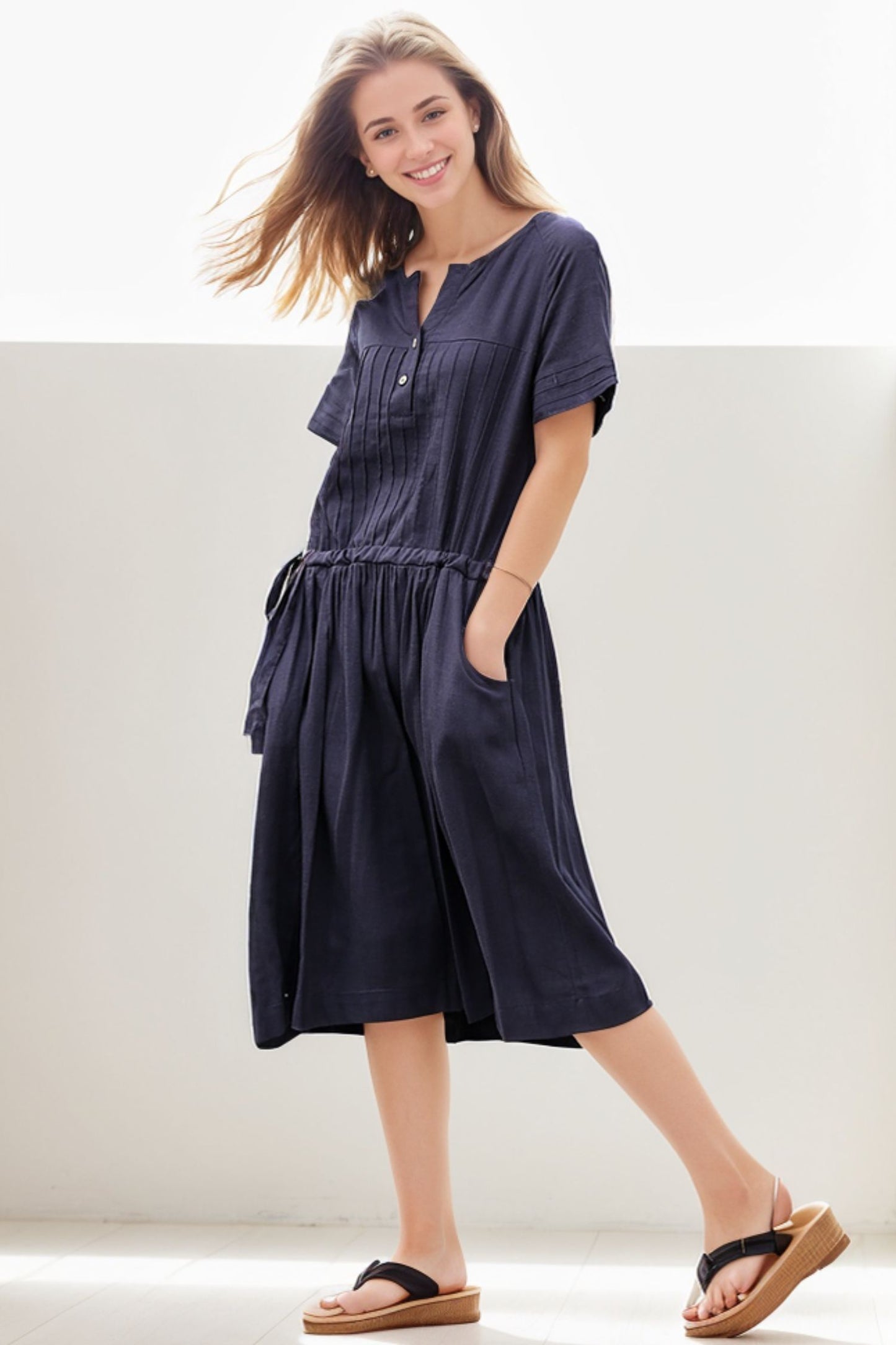 Casual Navy Blue Short-Sleeved Pleated Mid-Length Dress for Women C268