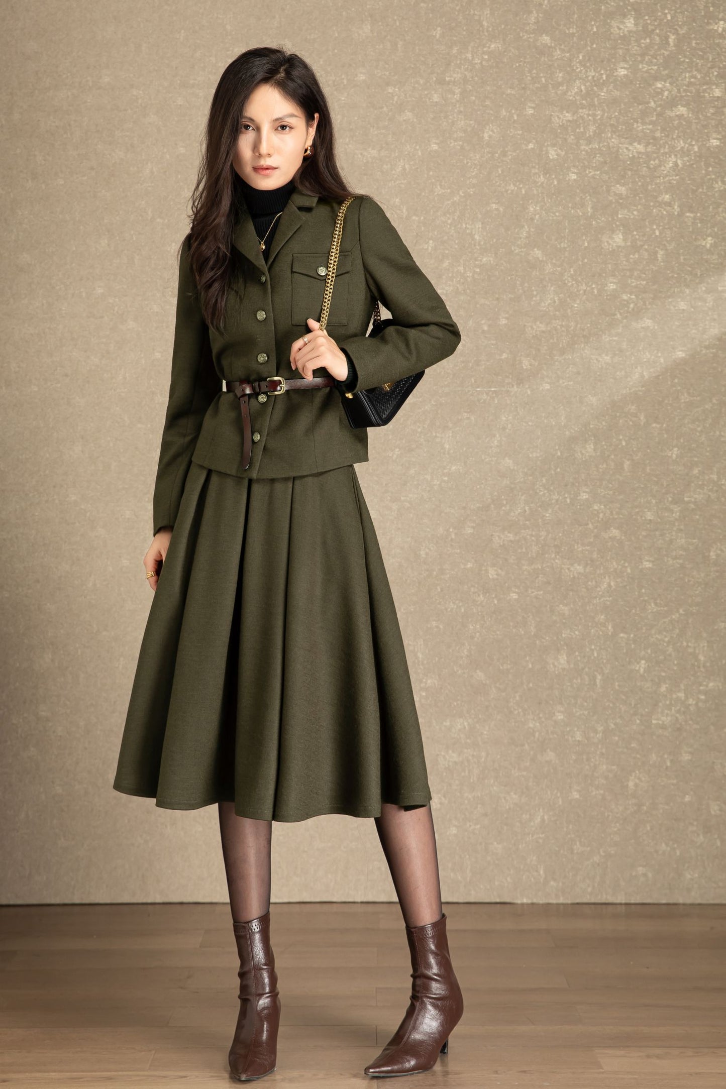 Army green pleating winter wool skirt C4486