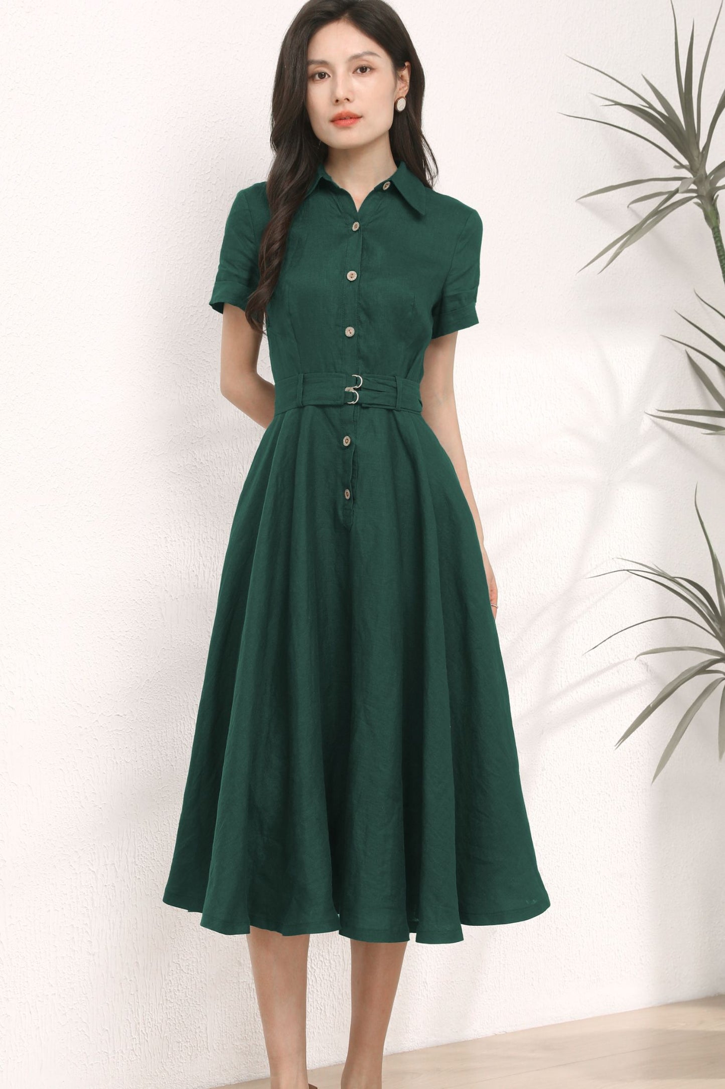 Dark Green Midi Linen Dress c4899