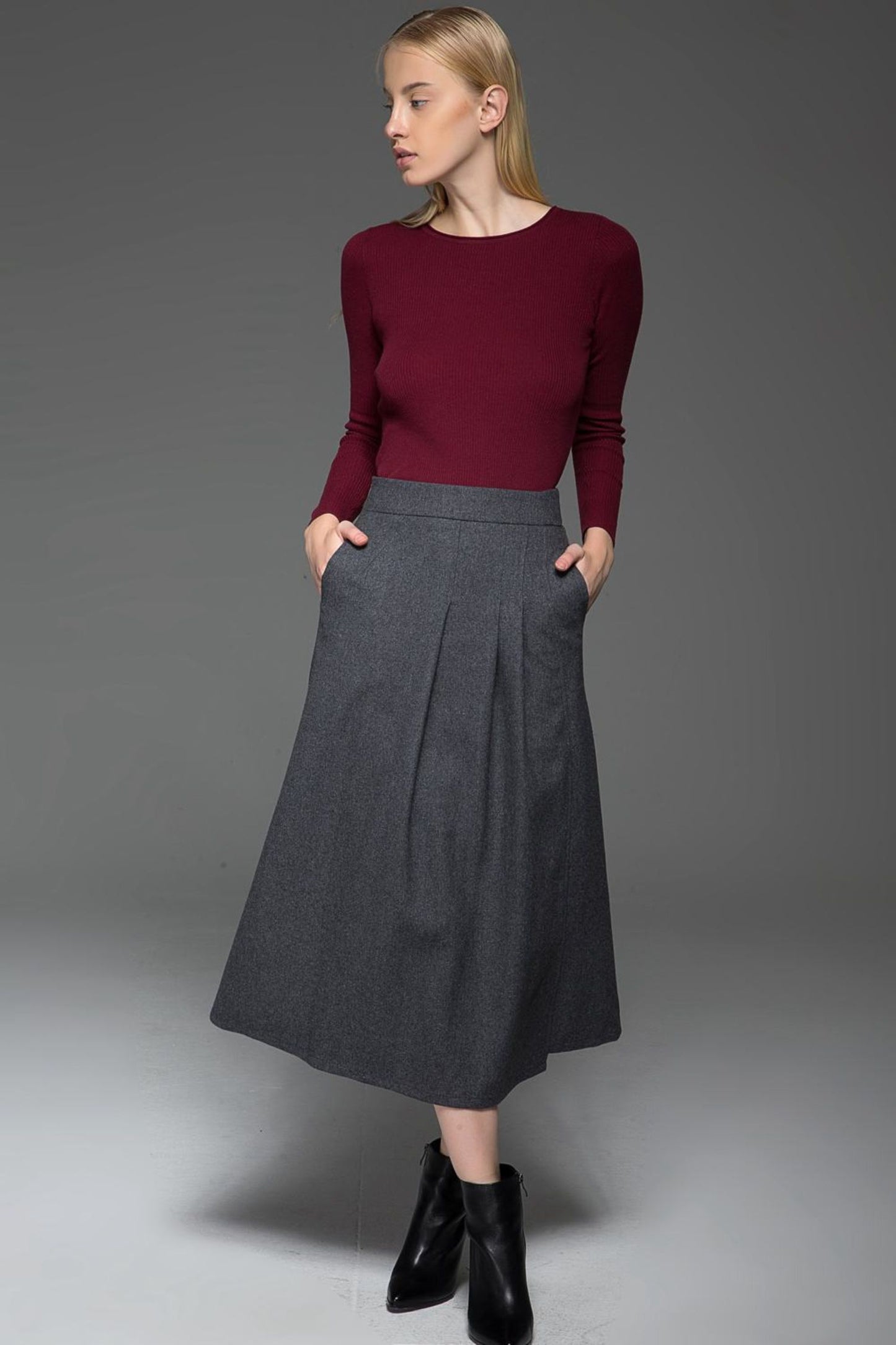 Pleated gray a line winter wool skirt C770