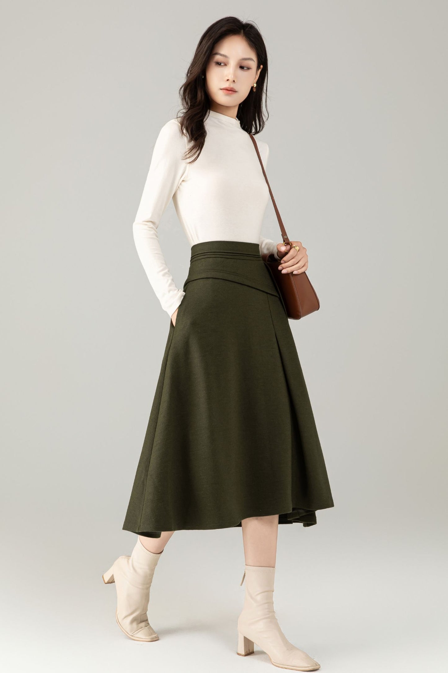 Green Wool Midi Skirt – A-Line Skirt with Pockets C5238