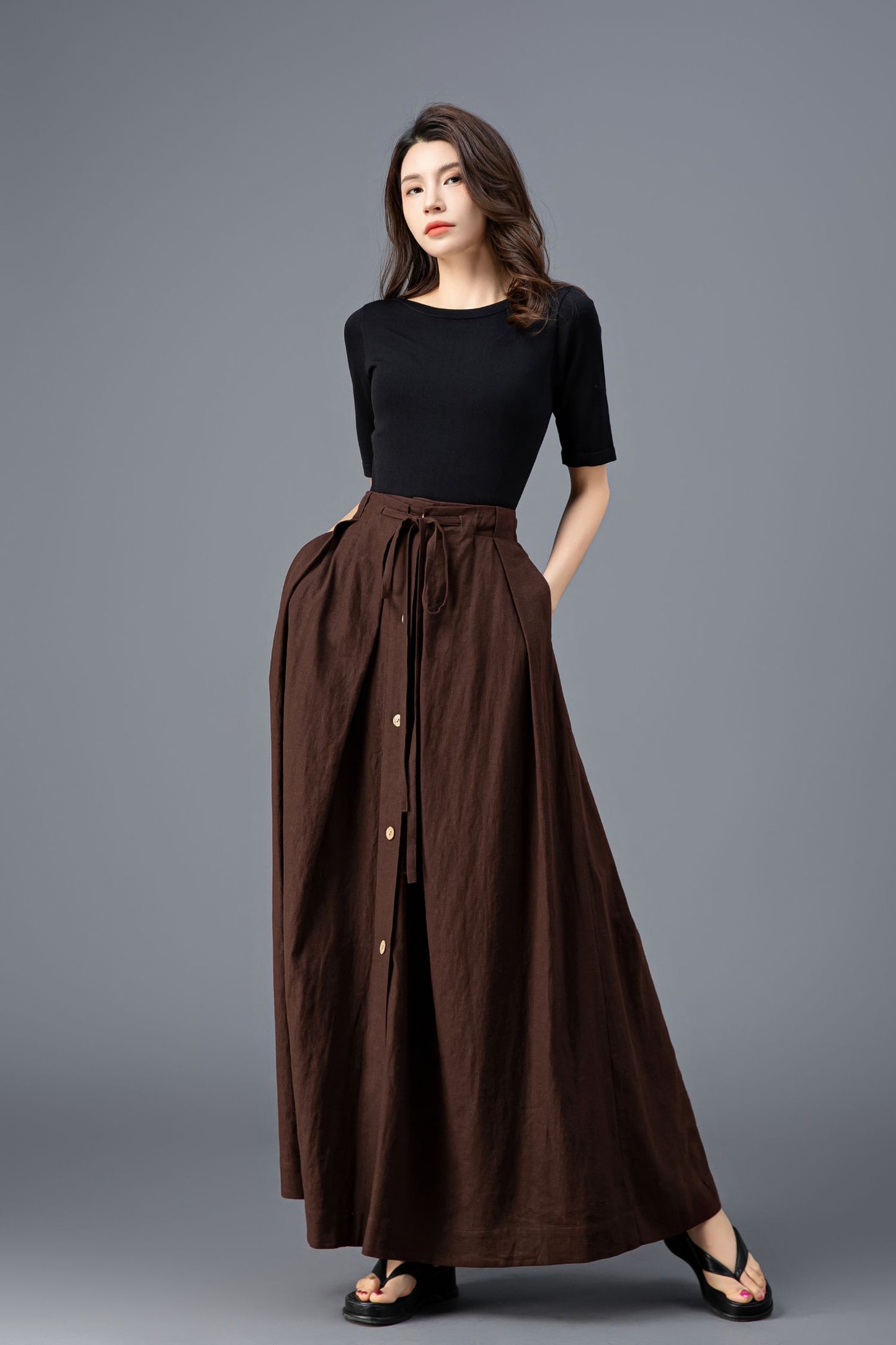 Bohemian Brown Linen Maxi Skirt C3920
