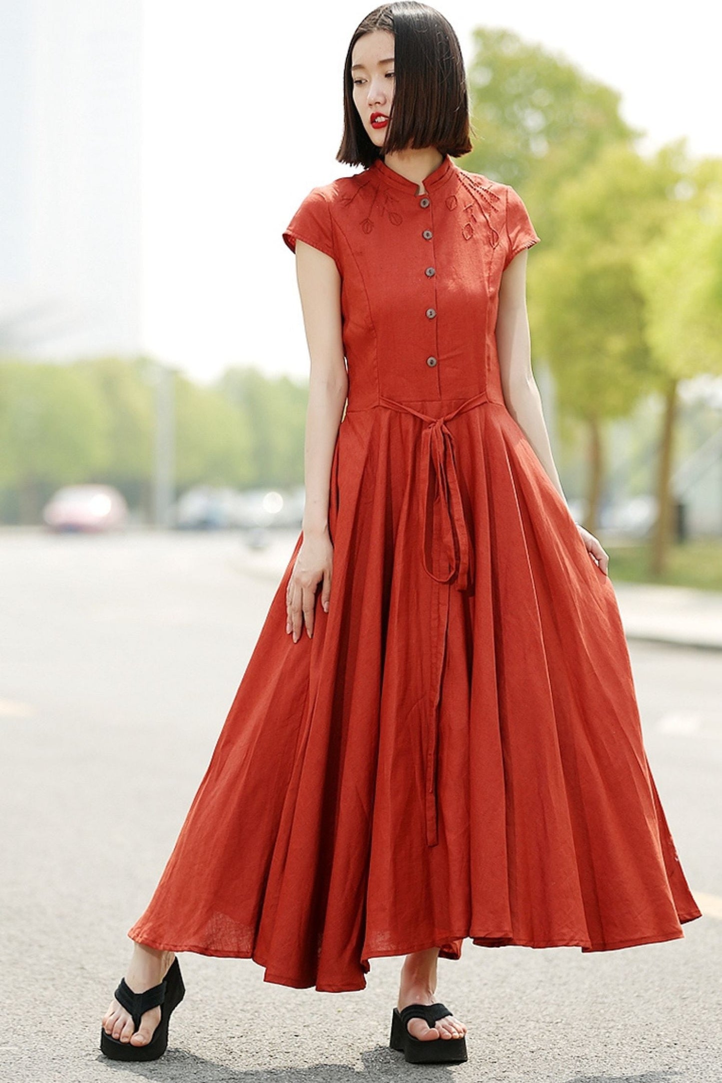 Linen maxi womens summer orange short sleeve dress C352