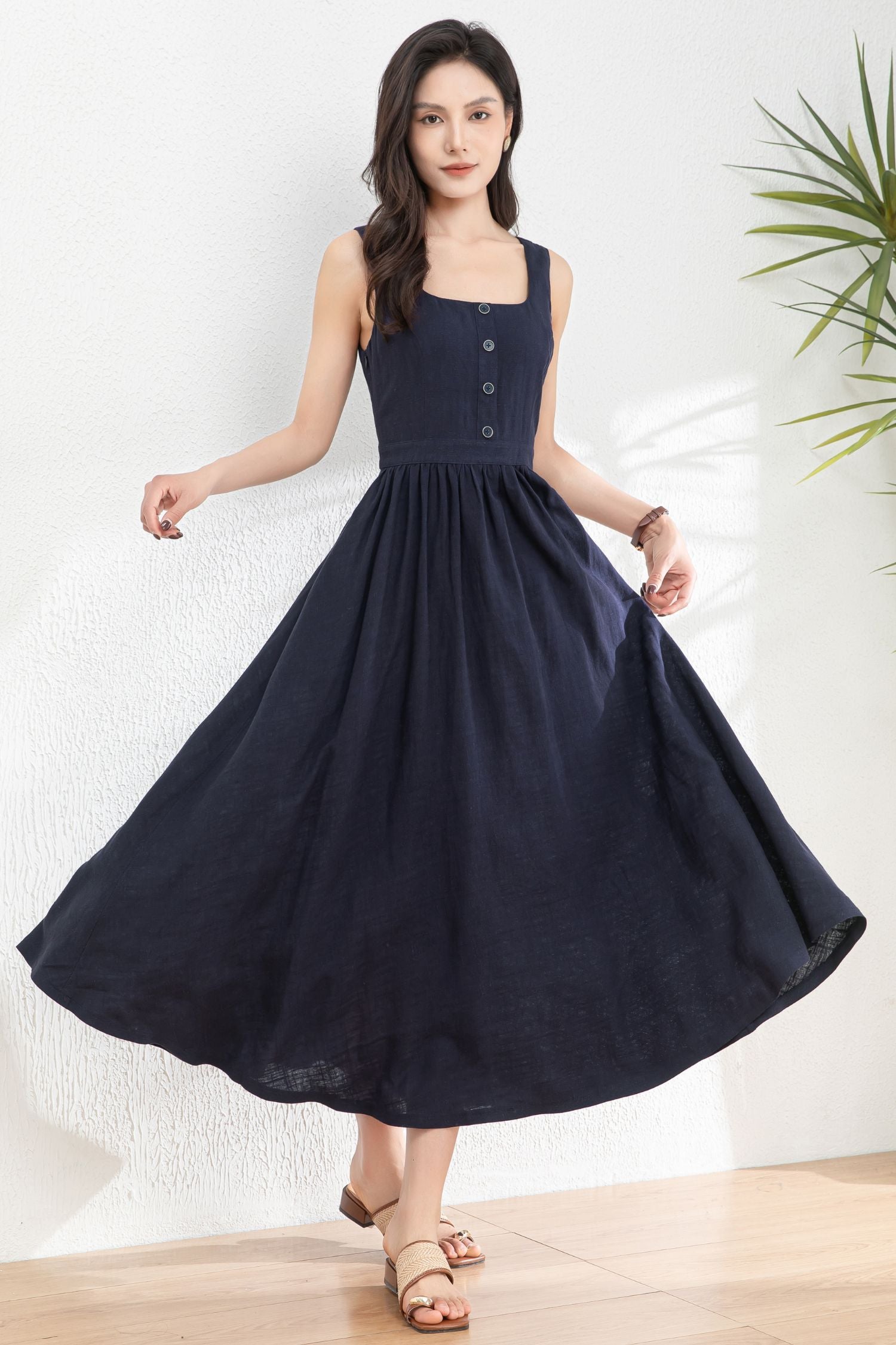Navy Linen Cotton Maxi Dress - Square Neck, Fit and Flare c4984