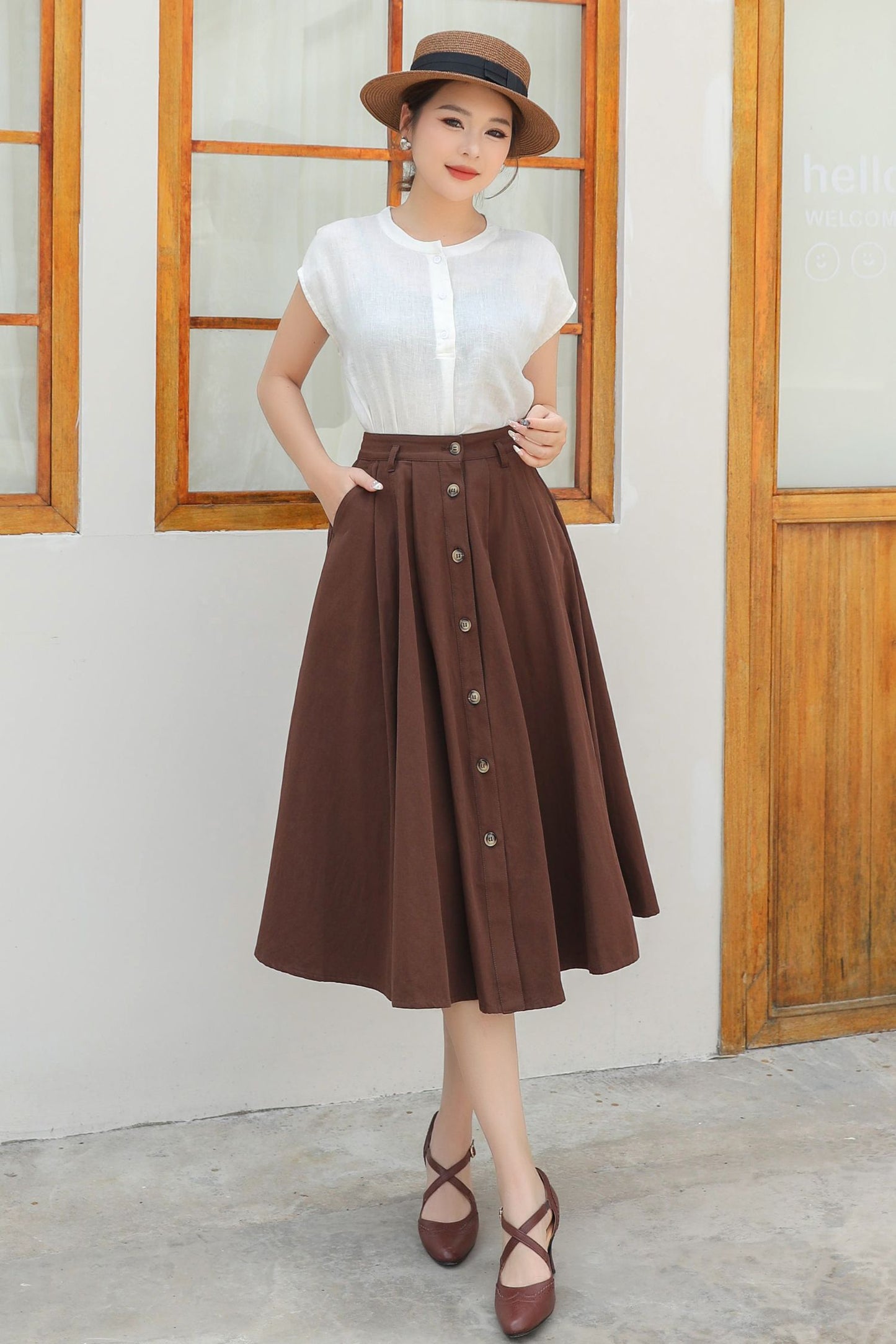 Button down midi Linen skirt c4834