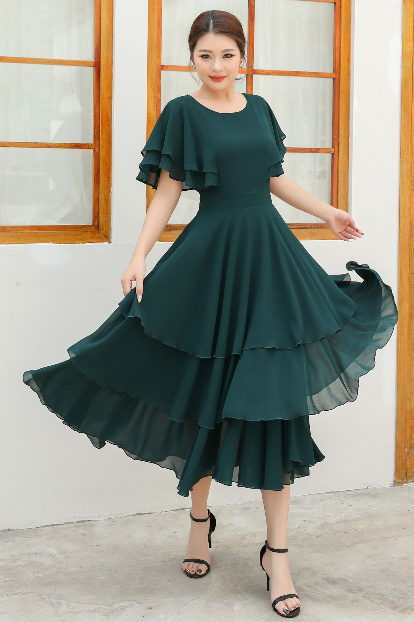 Green ruffle chiffon dress women C4832