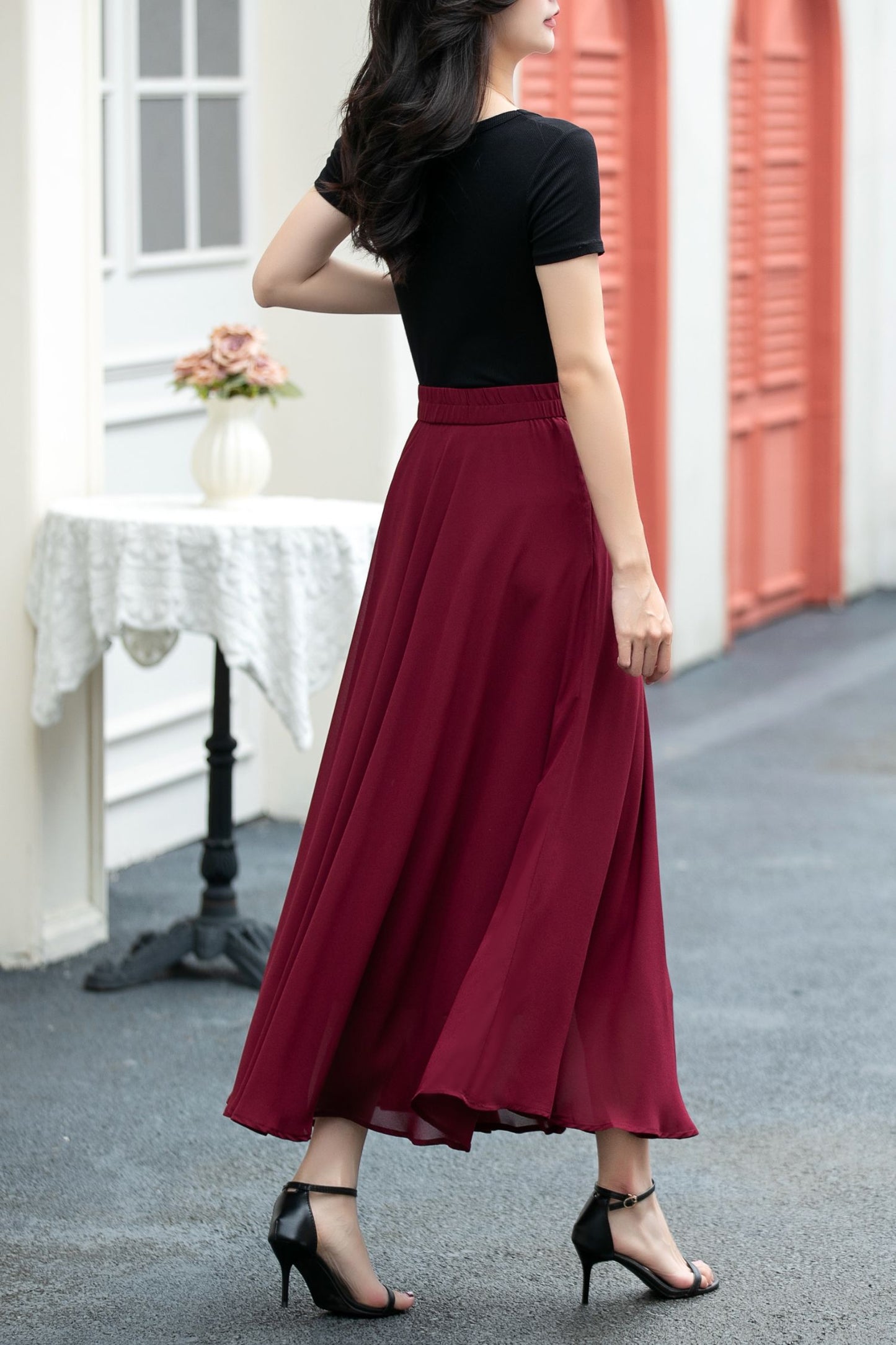 Red Chiffon A-Line Maxi Skirt - High Waist, Flowing Silhouette c5037