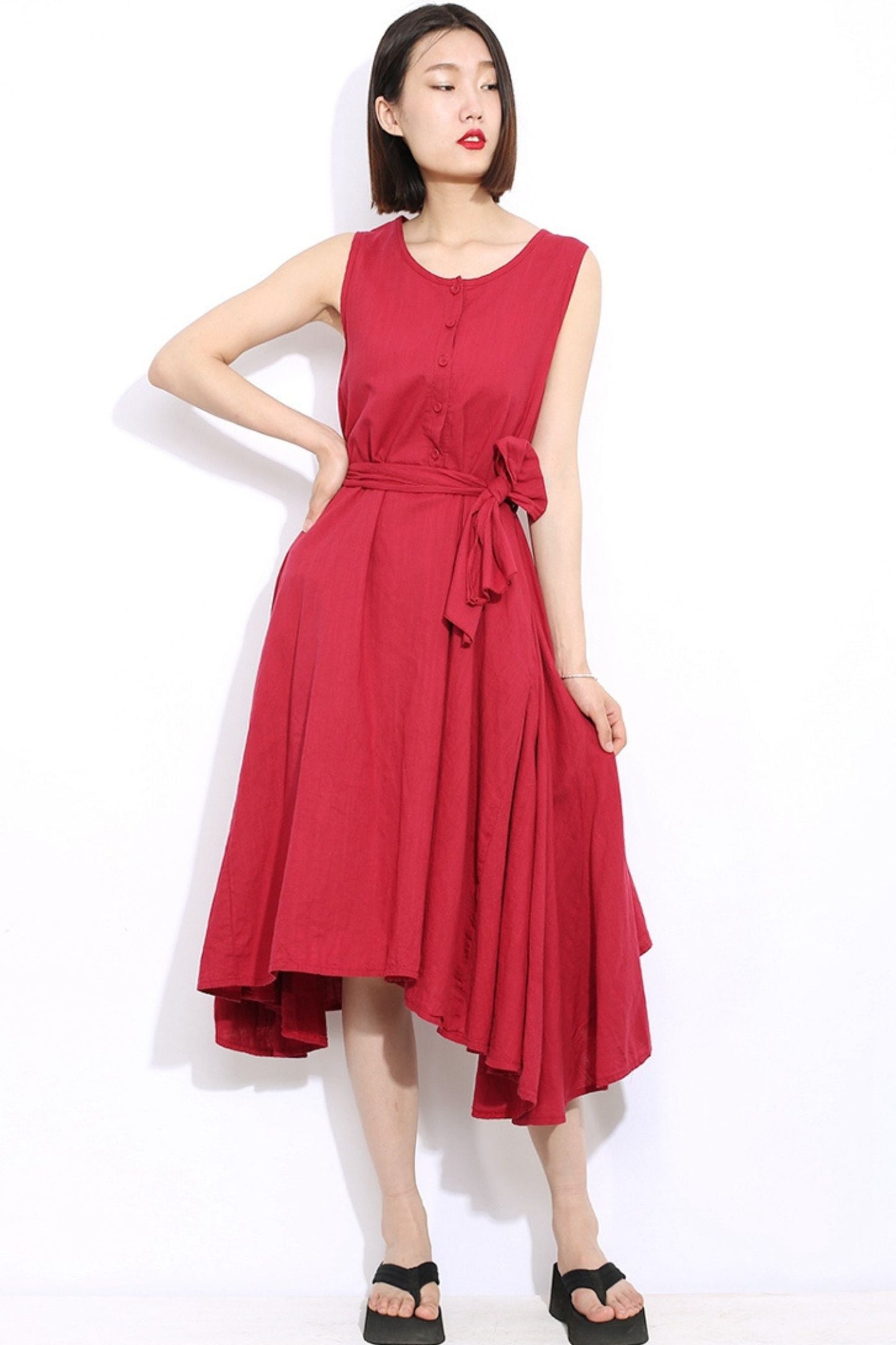 Red Linen Cotton Maxi Dress - Loose Fit with Irregular Hemline C298