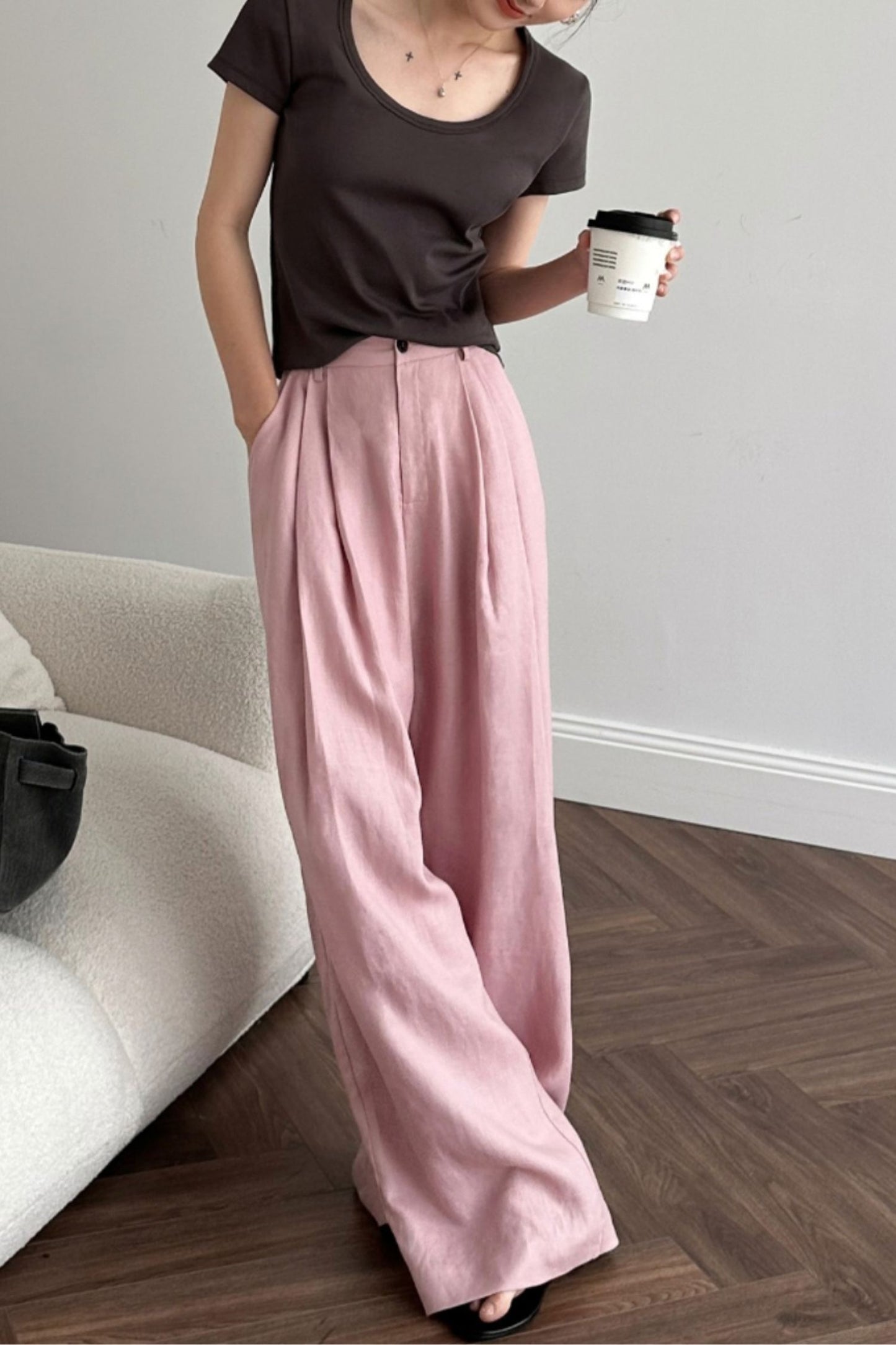 Linen wide leg high waisted pants L0618