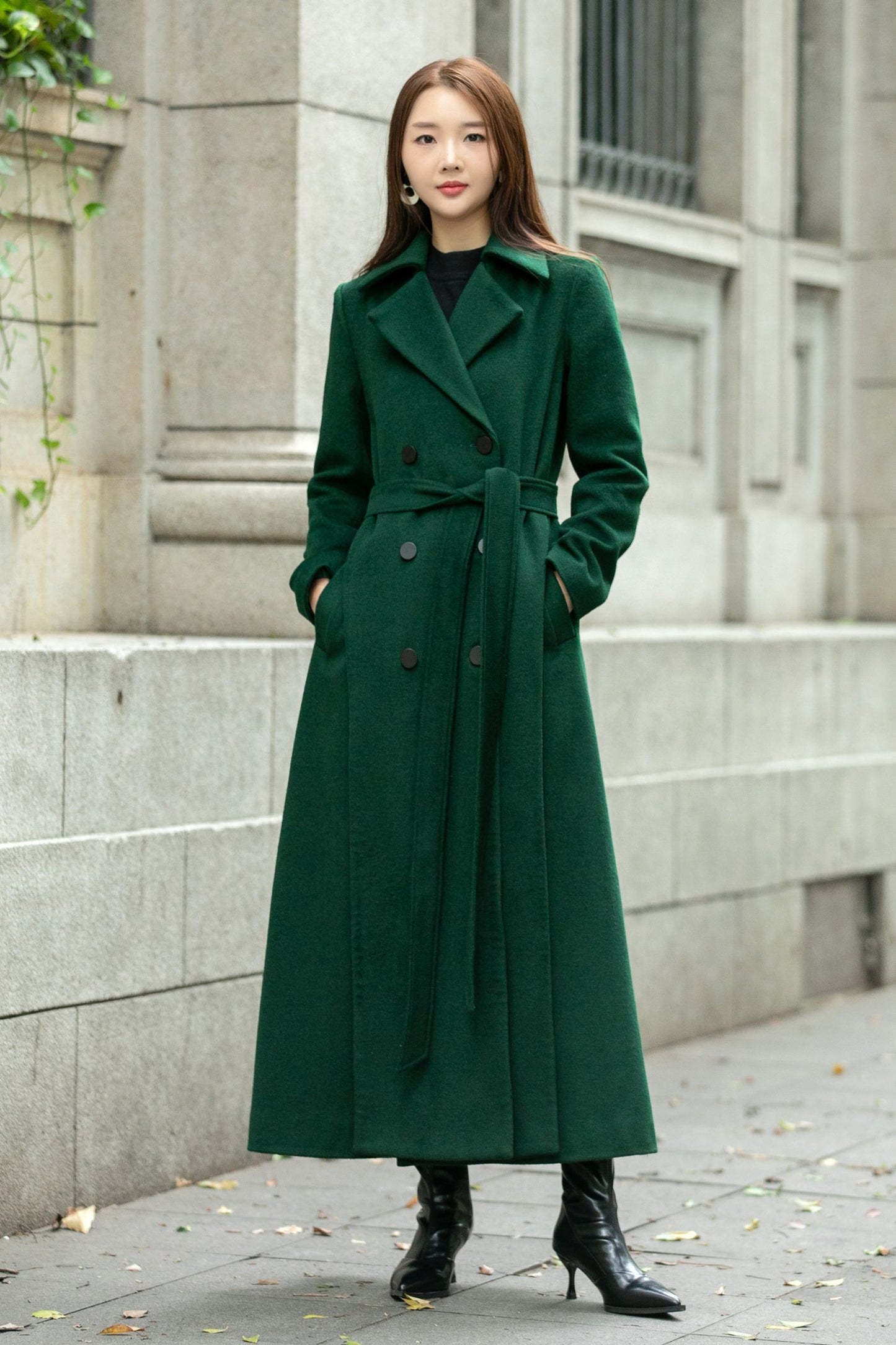 Maxi green long trench wool coat C4505