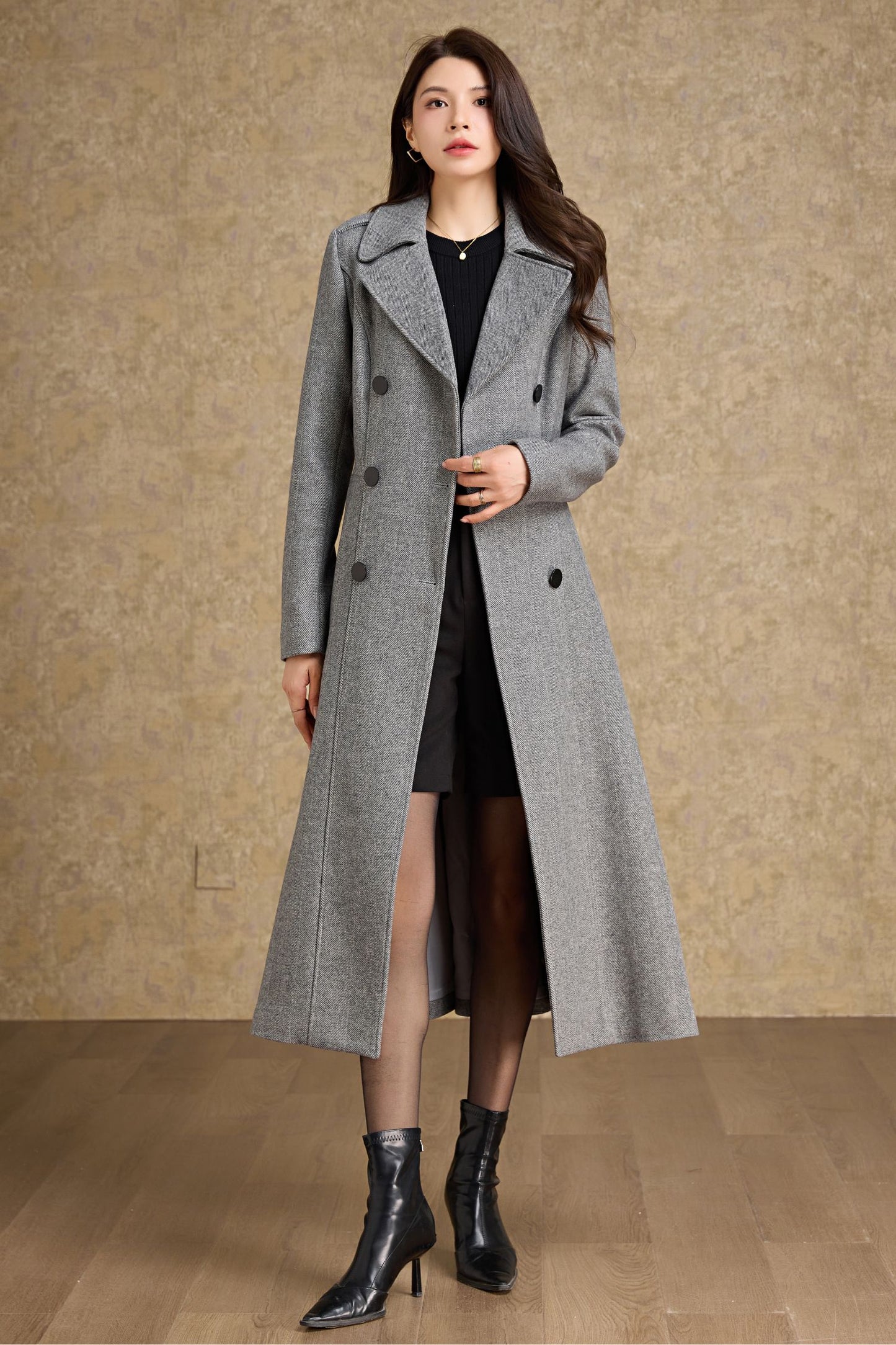 Fit and flare long wool coat women C4477