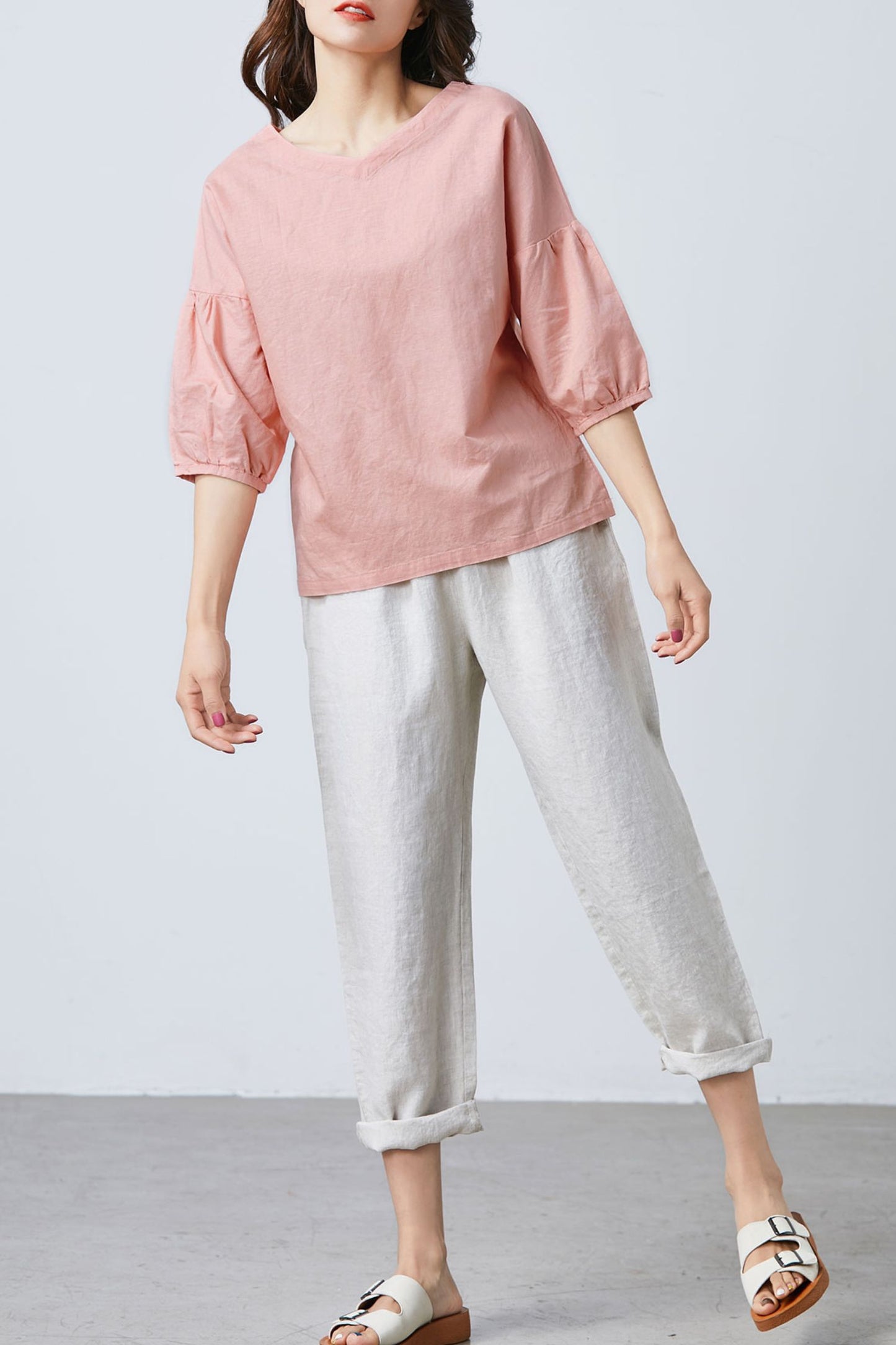 Women Leisure Linen Tops Summer V Neck Blouse C1682