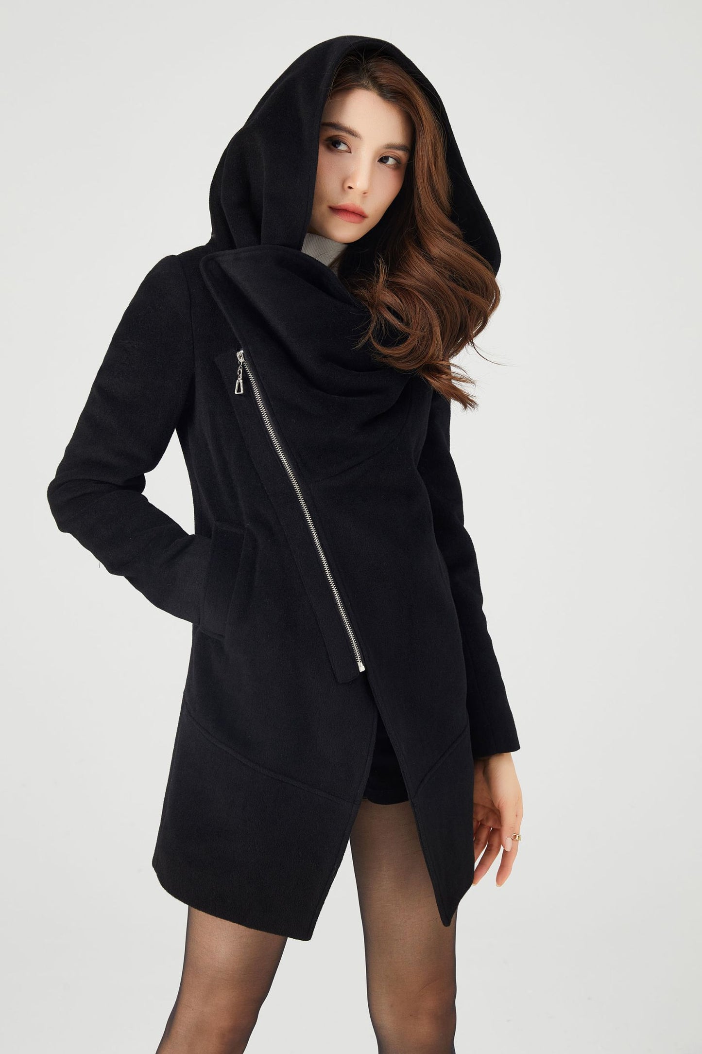 Black Hooded Asymmetrical Wool Coat C4323