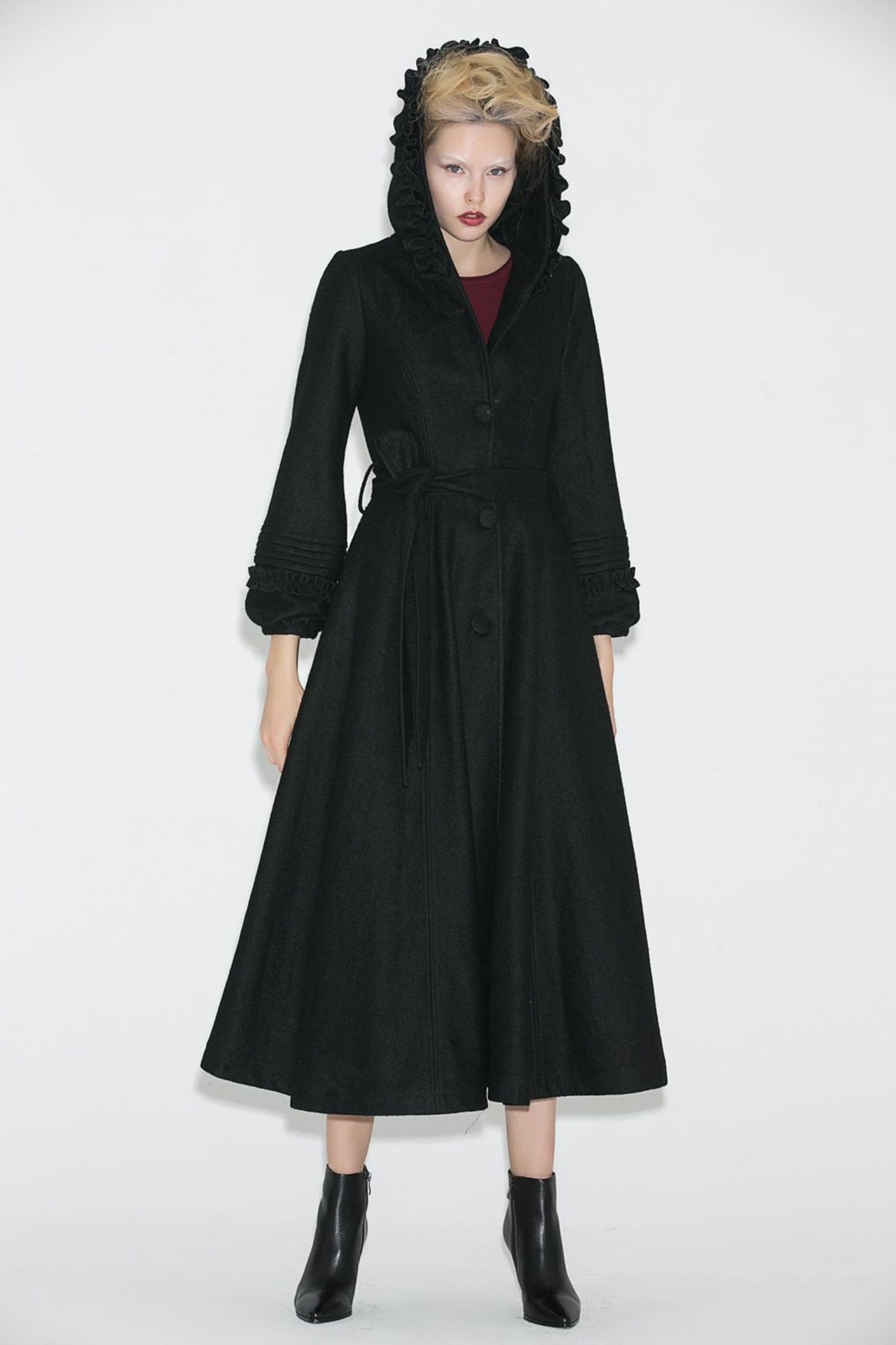 Long black hooded winter wool coat C706