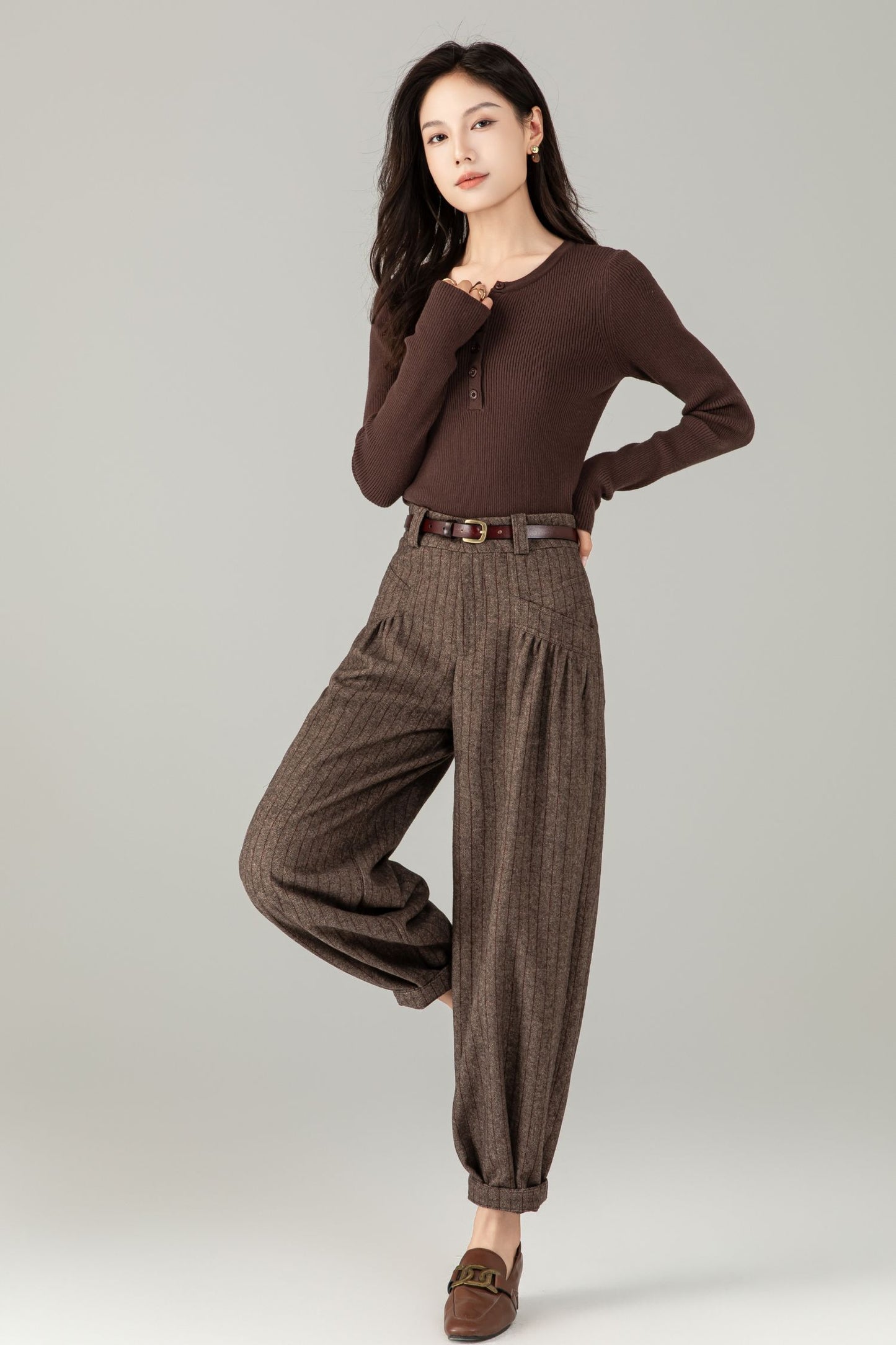Brown Wool Striped Trousers - Classic Fit & Comfort | Winter Smart Casual Pants C5244