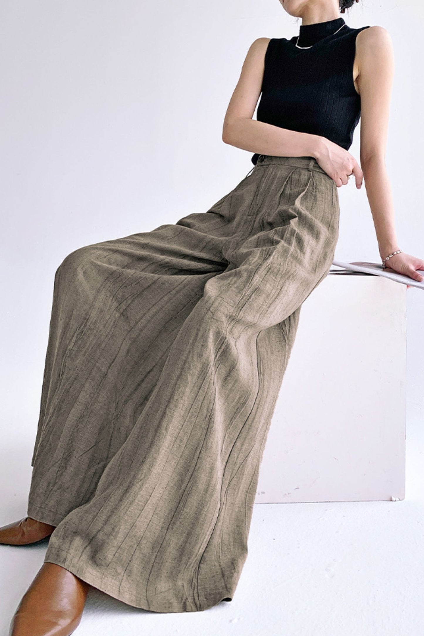 Cotton linen high-waisted loose leisure pants L0609