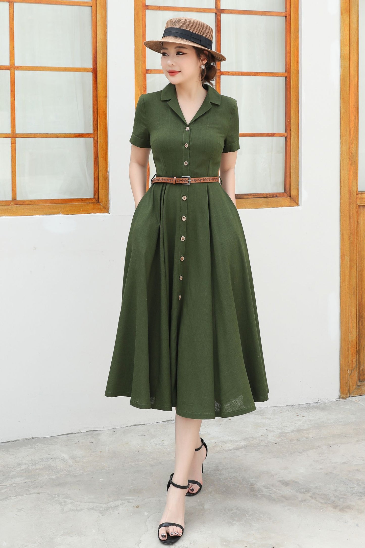 Green Linen Summer Shirt dress c4833
