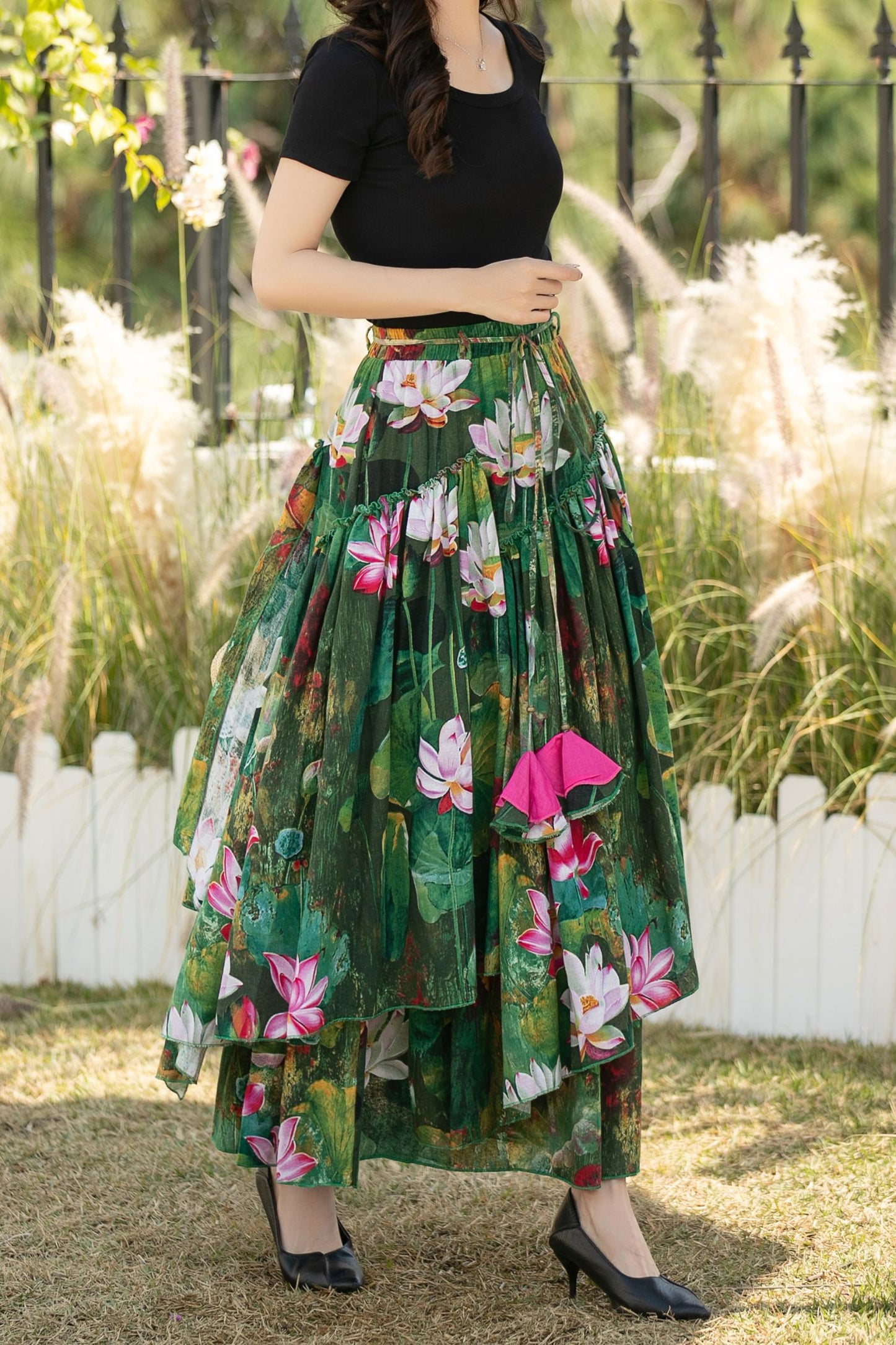 Green Floral Linen Cotton Maxi Skirt with Elastic waistband – High Waisted Pleated Full Skirt for Women, Ylistyle C5438