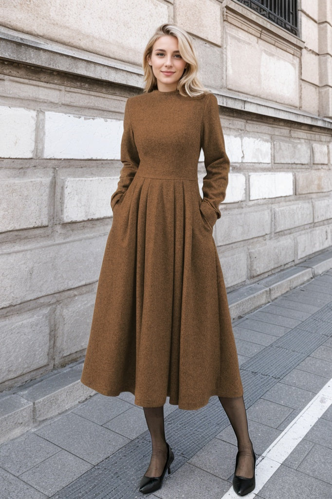 Women Swing Long Winter Wool Dress C4442
