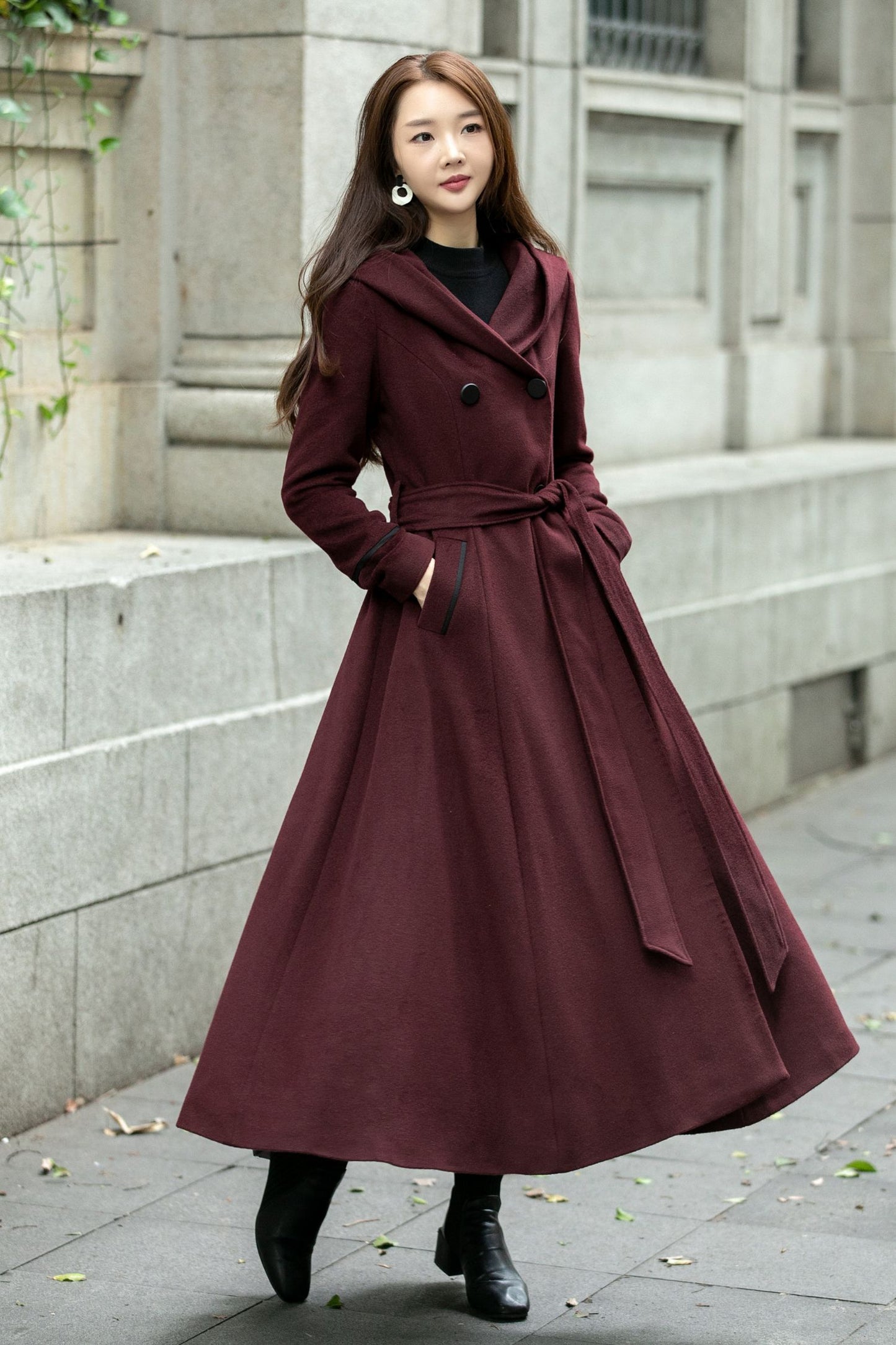 Hooded maxi winter trench wool coat C4506