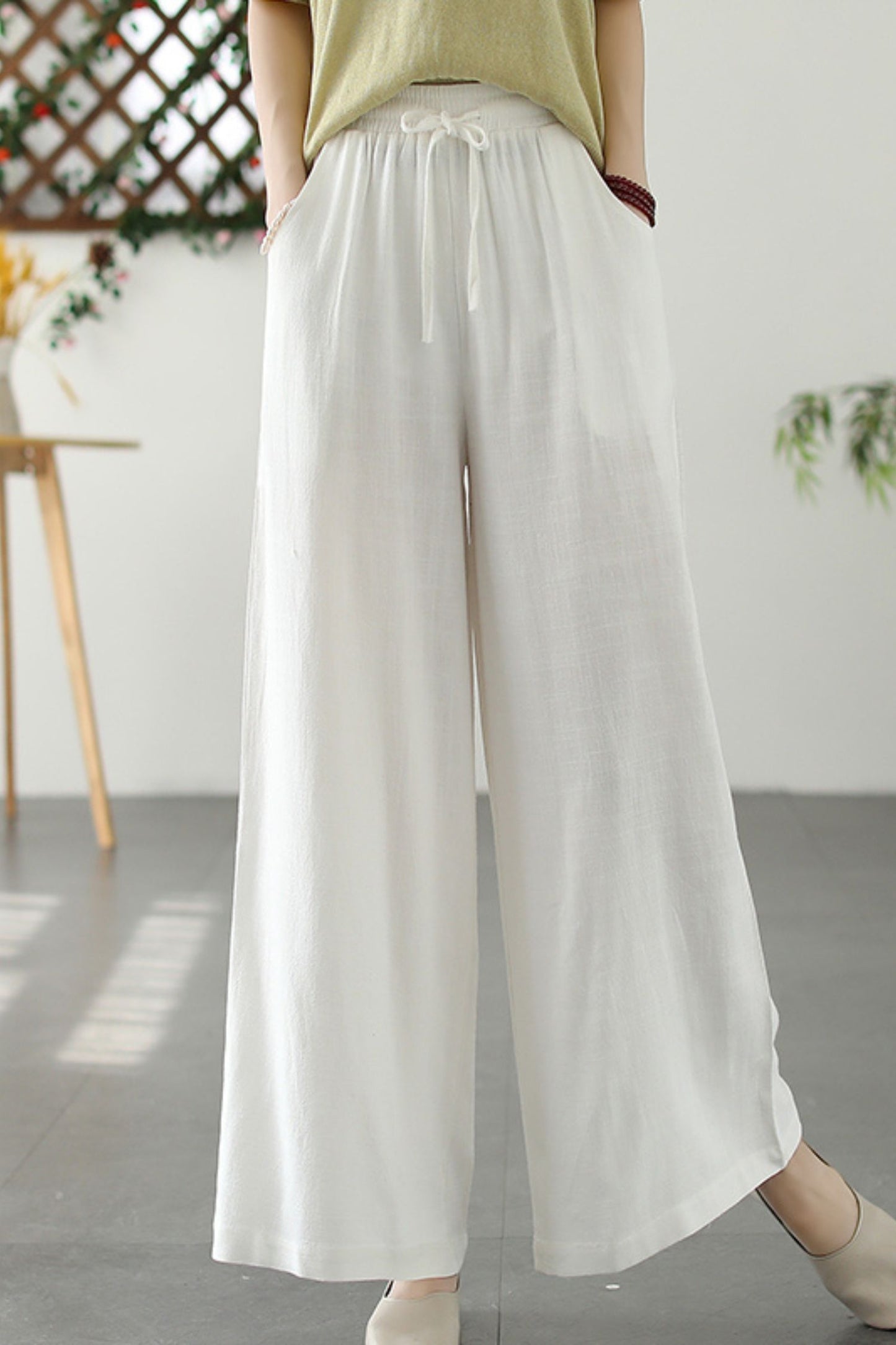 loose cotton linen solid wide leg pants L0619