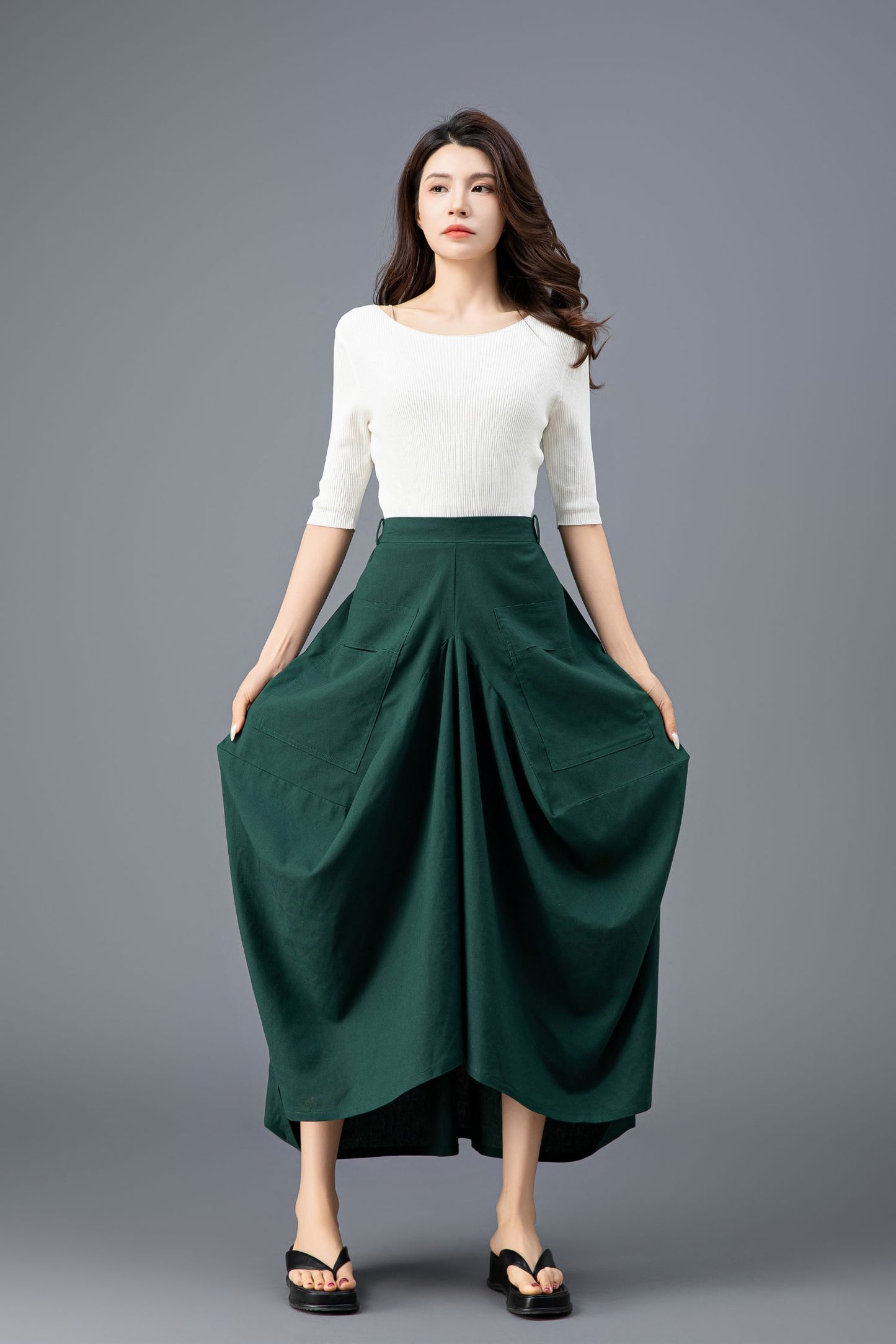 Women's Green Asymmetrical Casual Linen Skirt C3919