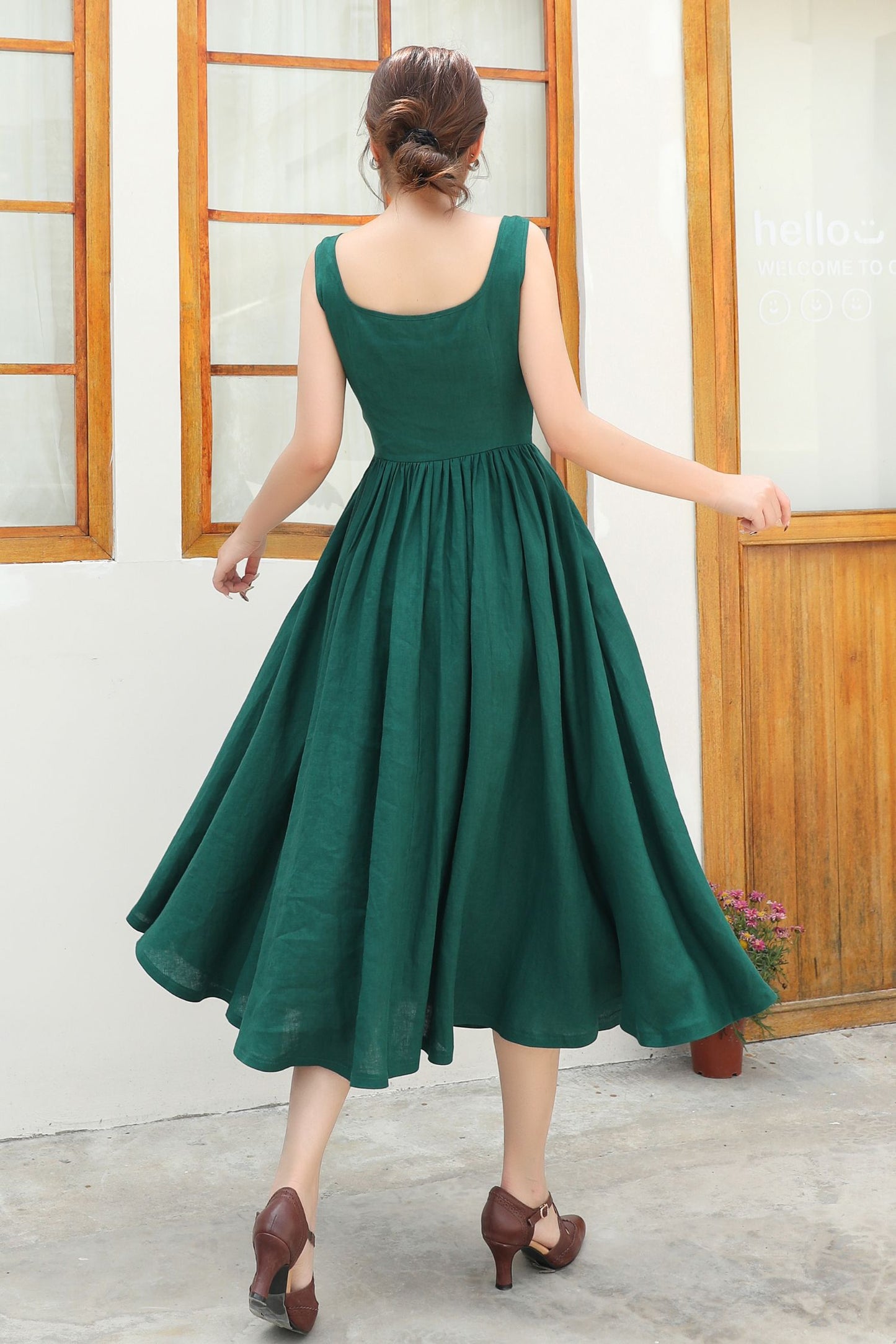 Flattering High-Waisted Green Linen Pinafore Dress c4838