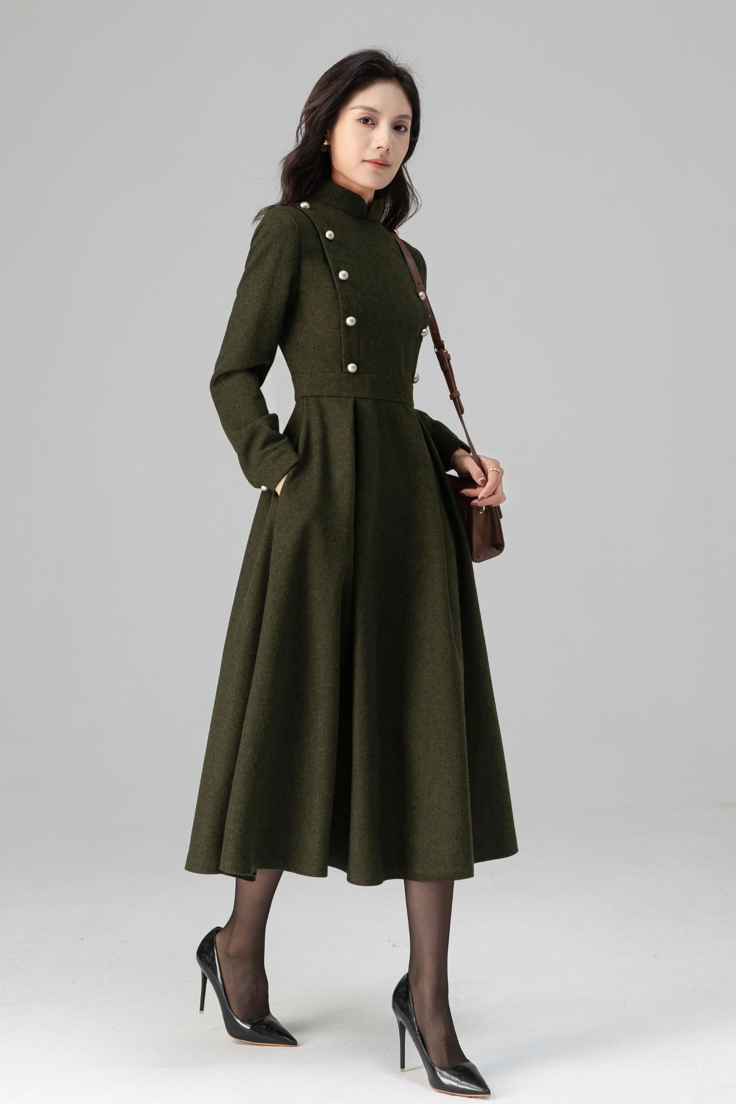 Military-Inspired Long Sleeve Wool Dress C5195