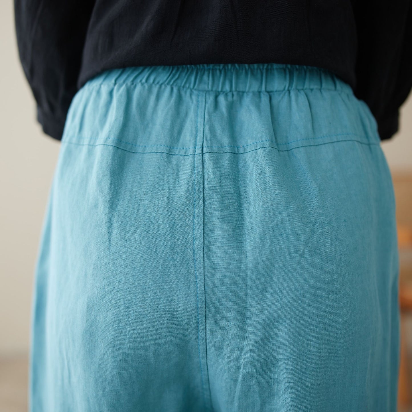 Blue elastic Waist casual linen pants C3965