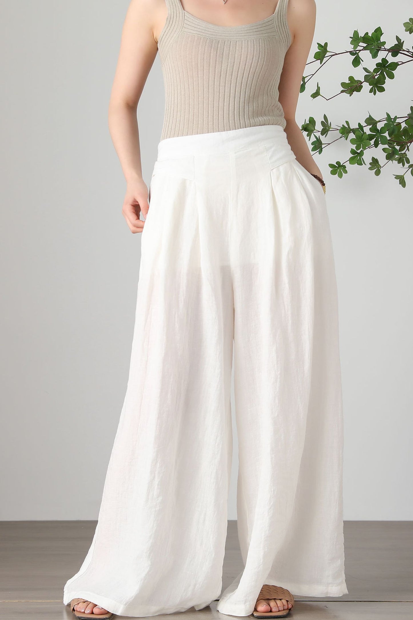 Women's Plus Size White Linen Pants C3257