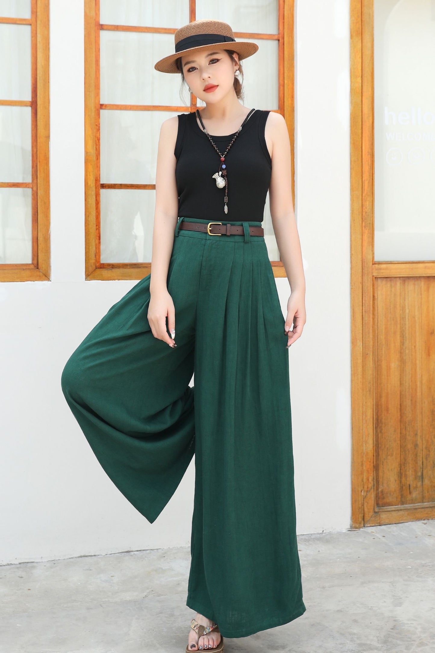 Wide leg green linen pants c4836