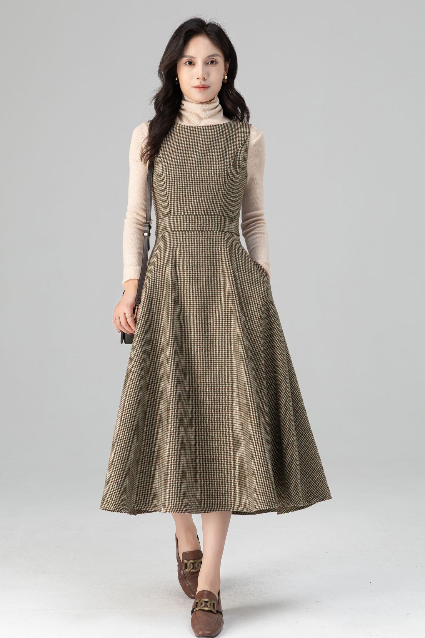 Autumn-Winter Plaid Sleeveless Midi Wool Dress C5206