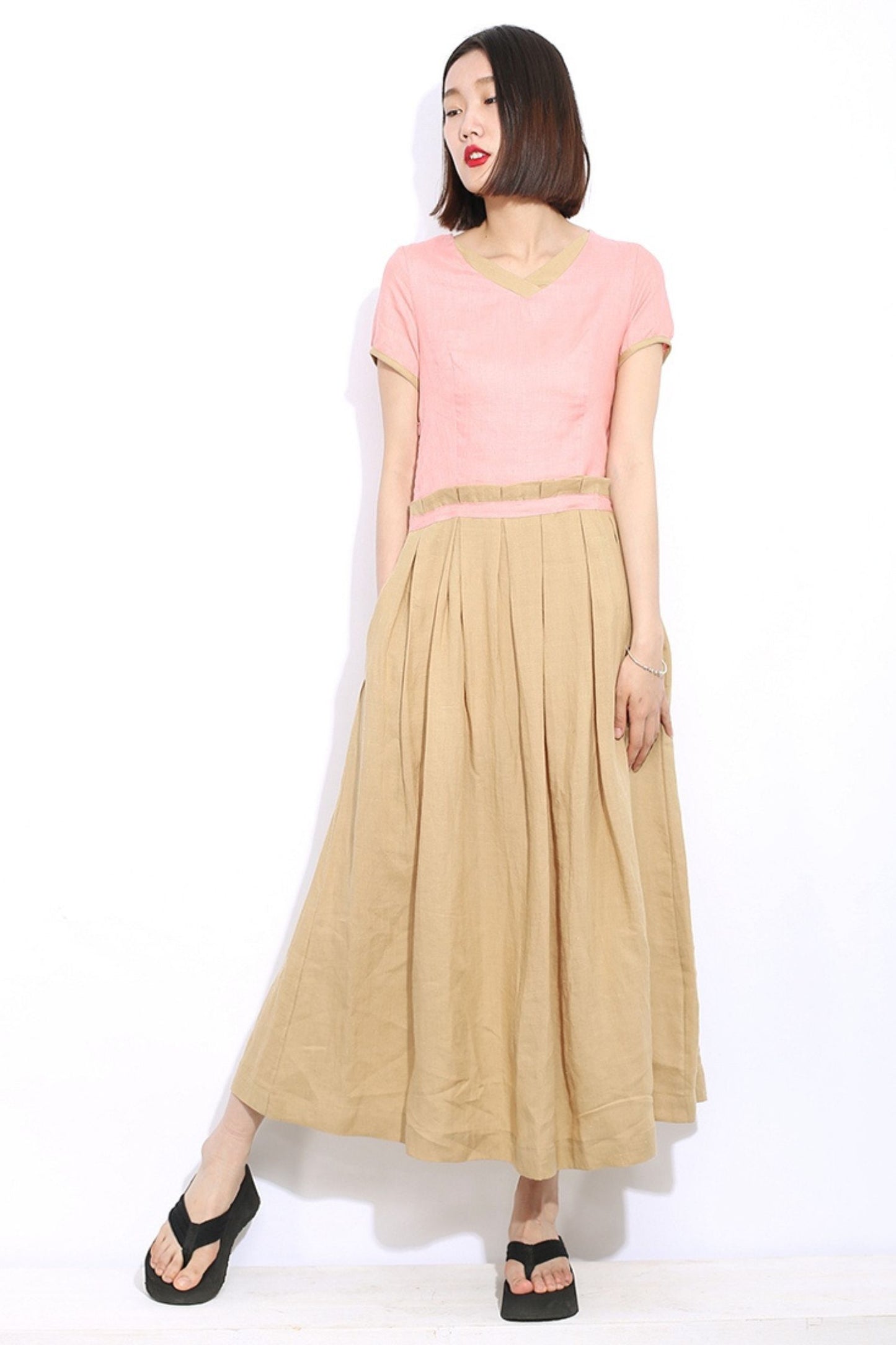 Long patchwork linen dress C296