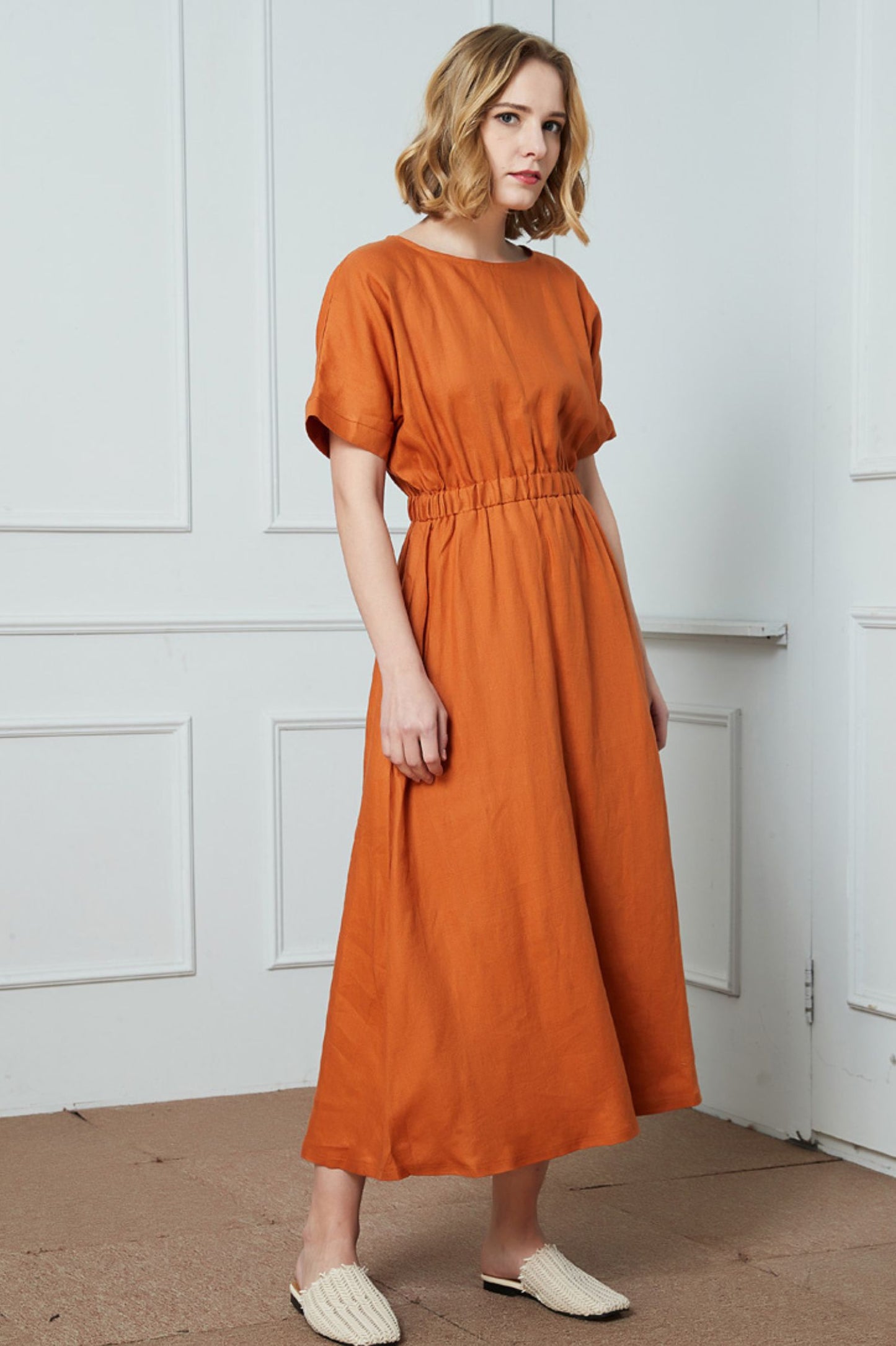 orange linen womens causal elastic waist dress C1416