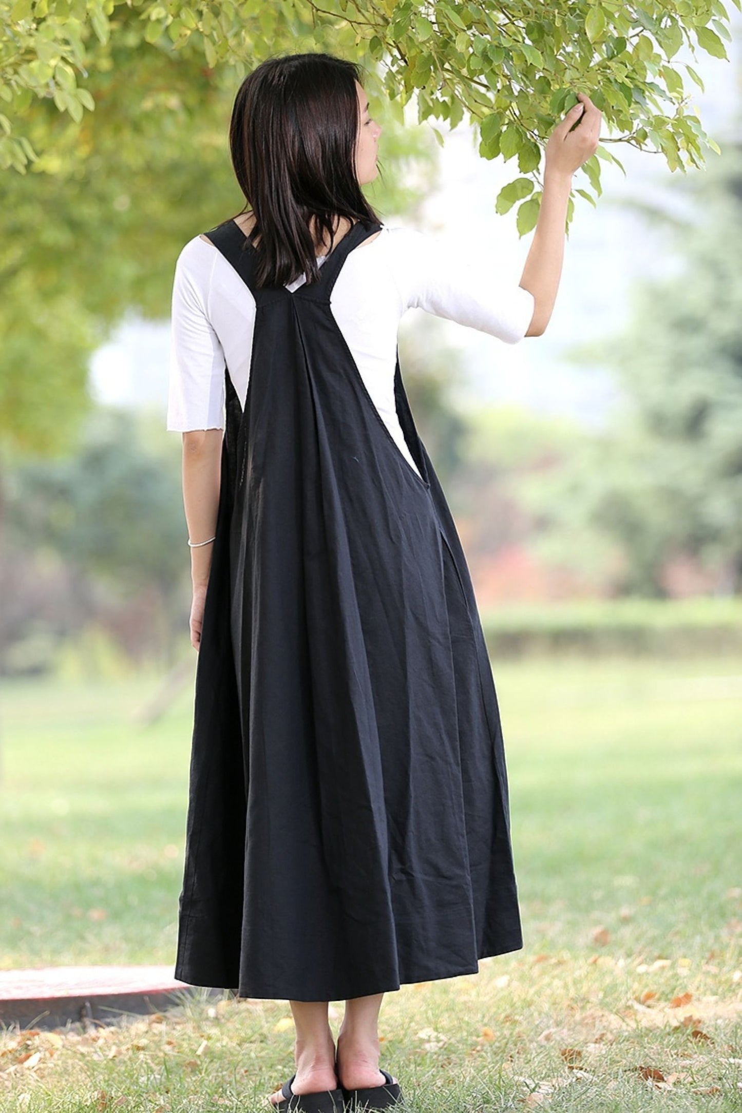 Loose-Fitting Cool Long Black Maxi Linen Suspender Dress C279