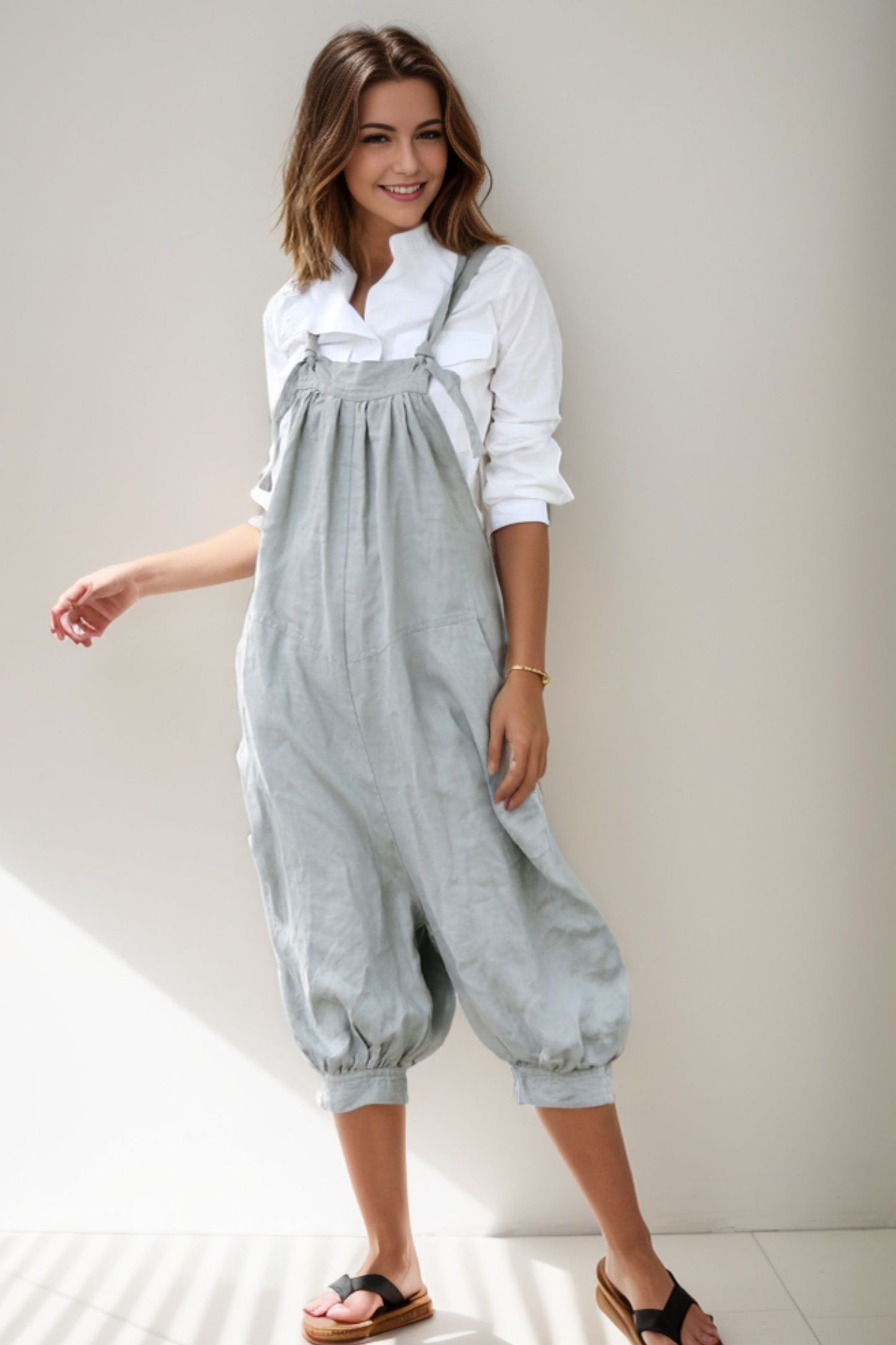 womens linen gray loose casual Wide leg jumpsuit C285