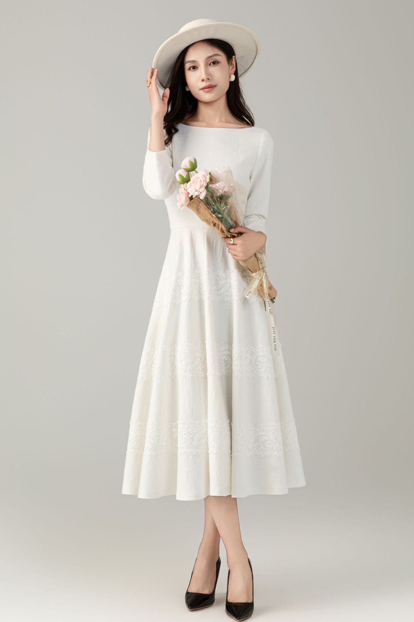 White prom wedding wool dress women C5242