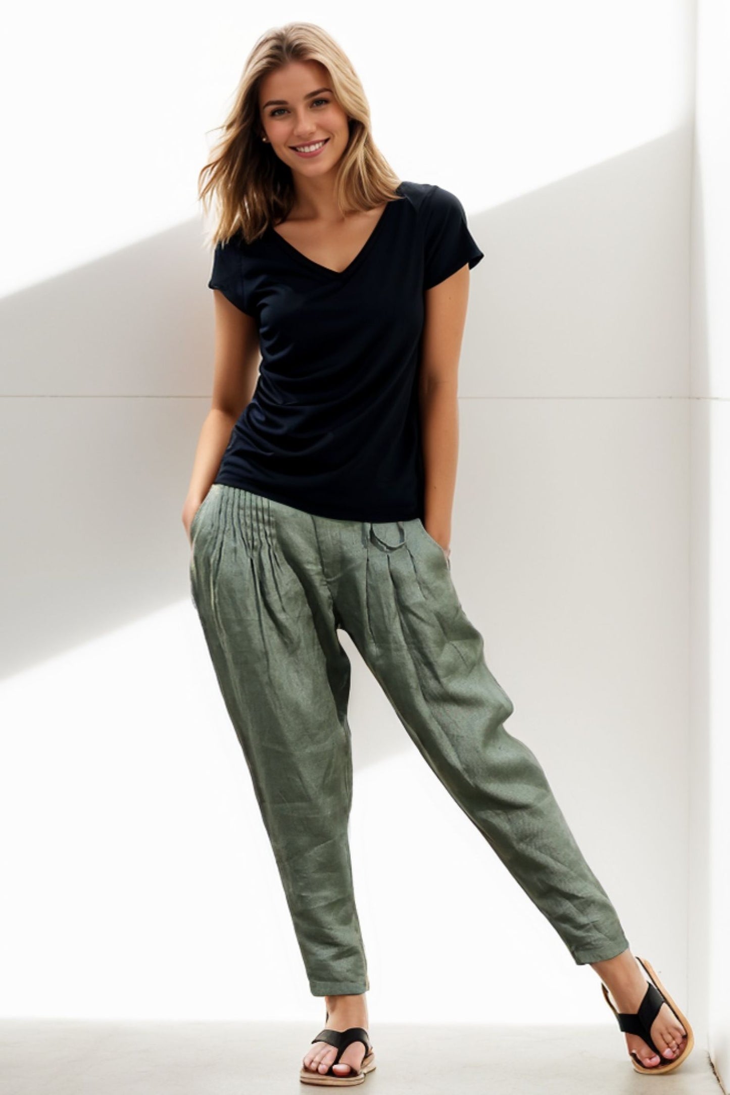 Top quality linen Harem green linen pant C272